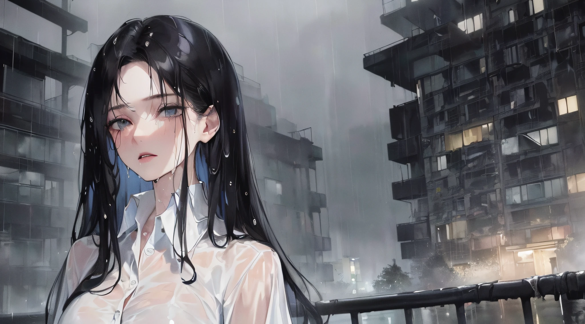 (highest resolution, distinct_image) Best quality, ((((1 woman))), masterpiece, pale colors, very detailed, night cityscape, semi-realistic, wet black hair, wet straight hair, expressionless, bangs, strong rain, 21 years old, mature, young, wet white shirt, outdoors, delicate facial features, facial features, mid-shot,