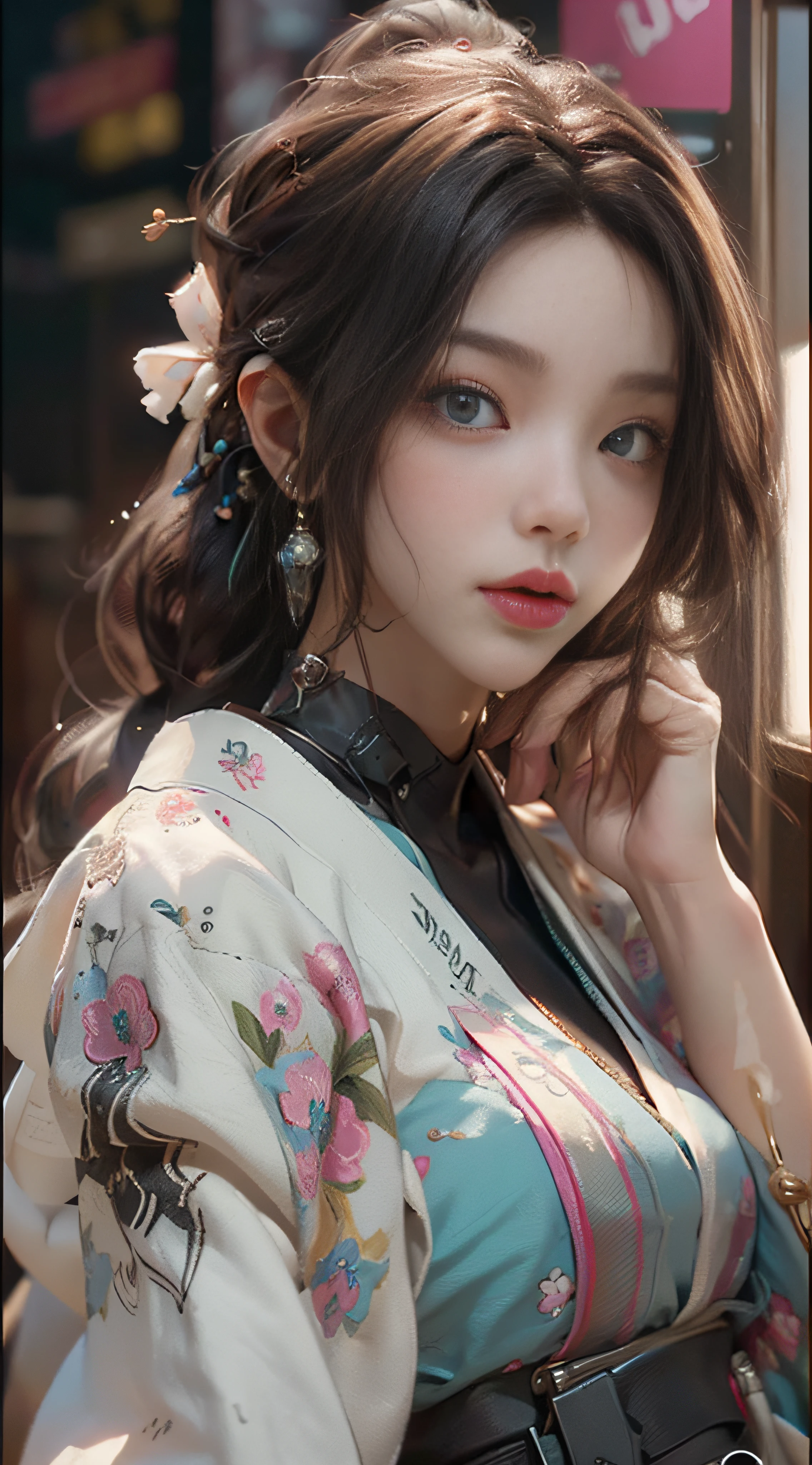 ((best best quality)), ((MasterPiece)), (Detail:1.4), 3D, A beautiful cyberpunk female image,HDR(high dynamic range),RayTrace,nvidia rtx,The ultra-Resolution,Unreal 5,Subsurface scattering、pbr texturing、postprocessing、Anisotropic Filtering、depth offield、Maximum Clarity and Clarity、Many-Layer Textures、Albedo and Specular map、Surface coloring、Mitsu-Accurate simulation of material interactions、Perfect Scale、octanerendering、Two-colored light、large aperture、low ISO、white balance、Rule of Thirds、8K RAW、beautiful bright pupils,flowing robe,Fine pupils,Detailed face and eyes,Long Lashes,Blushlush,voluminous hair,Tender red lips