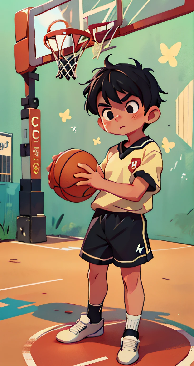 raw, 8k, simple background, illustration, basketball court, (1 boy: 1.2), 18 years old, basketball player, black eyes, black hair, shorts, white socks, tracksuit, round face, shyness