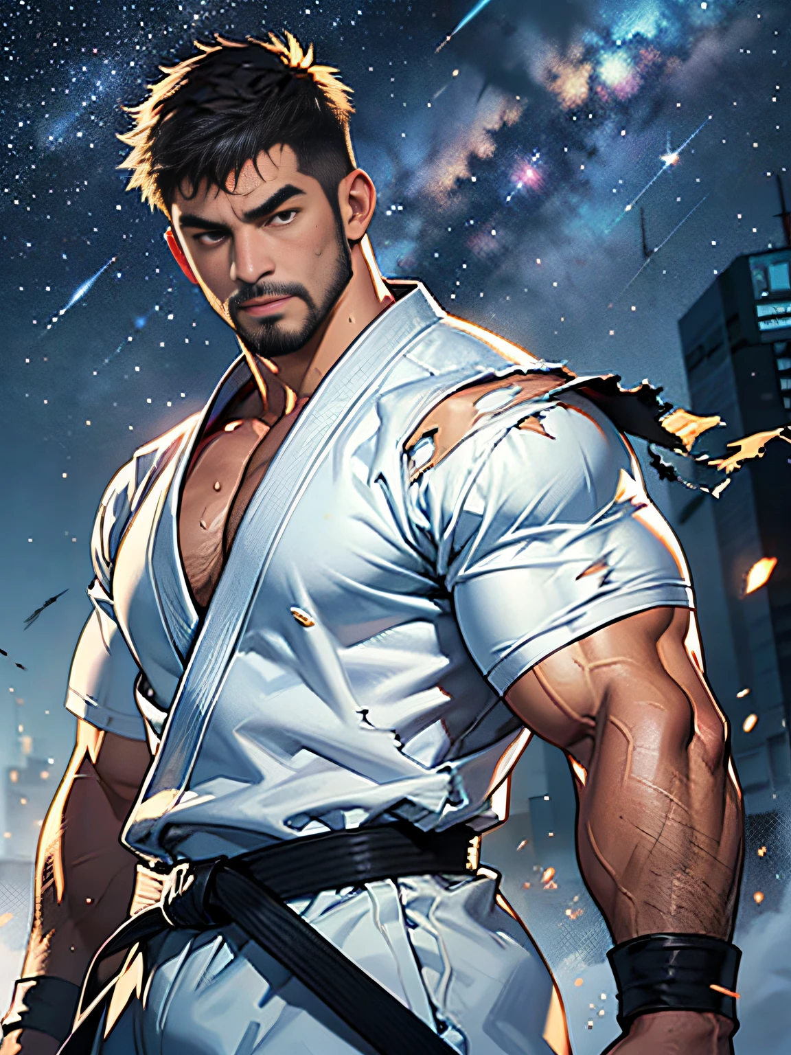 best quality, masterpiece, super high resolution, detailed background, realism, Illustrations, single, 1 boy, muscle, volumetric lighting, depth of field, facial hair, ryu, white clothes, black belt, light particles, bulge, starry sky, fighting stance, sweating, short hair, torn clothes, burly, big man