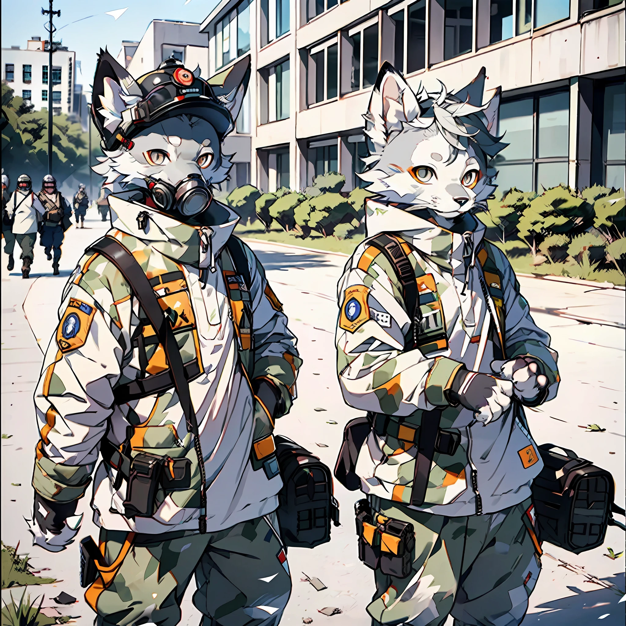 (Best Image Quality), ((Sharpen 1.2)), (Masterpiece), 4K Resolution, Ultra Clear, Visible Lines, (((Single))), (Ultra Detailed), (Furry), Full Body Furry, Furry, (Male Arctic Fox: 1.5), (Grey Skin: 1.3), (Gray Fur: 1.3), (Golden Eyes), ((Canine Paws)), ((Gray Paws)), (Grey Ears), Sharp Focus, (Furry Animal Ears), Wearing Soldier Gear, in bulletproof vests, soldiers' helmets, gas masks, rifles on their backs, on the ruins of the battlefield