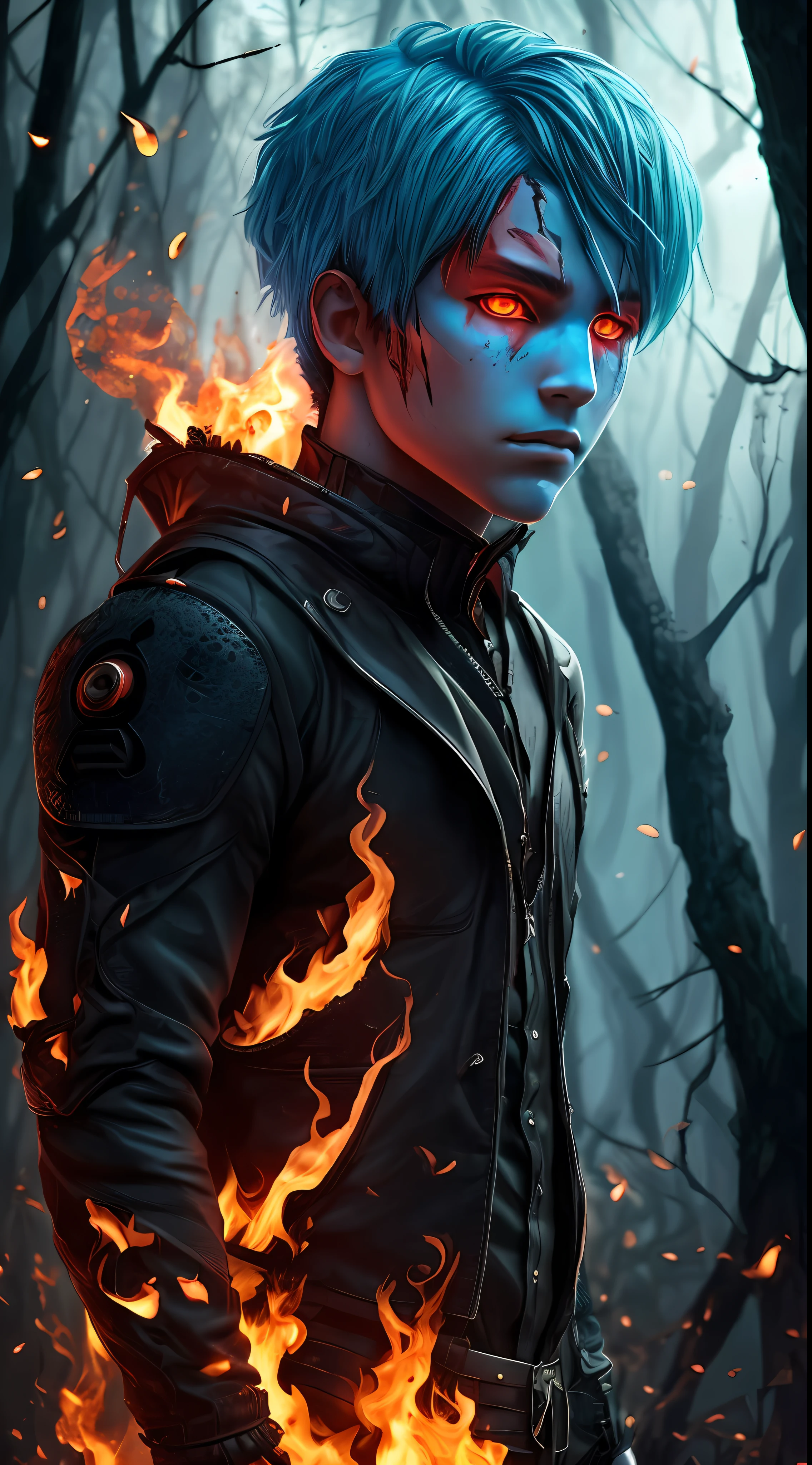A humanoid boy with a cracked cyan face and red eyes, in the style of twisted branches, vray tracing, made of insects, burning/ charred, technological design, supernatural creatures, realistic human figures, subsurface fireflies, burning blue cotton hair --auto