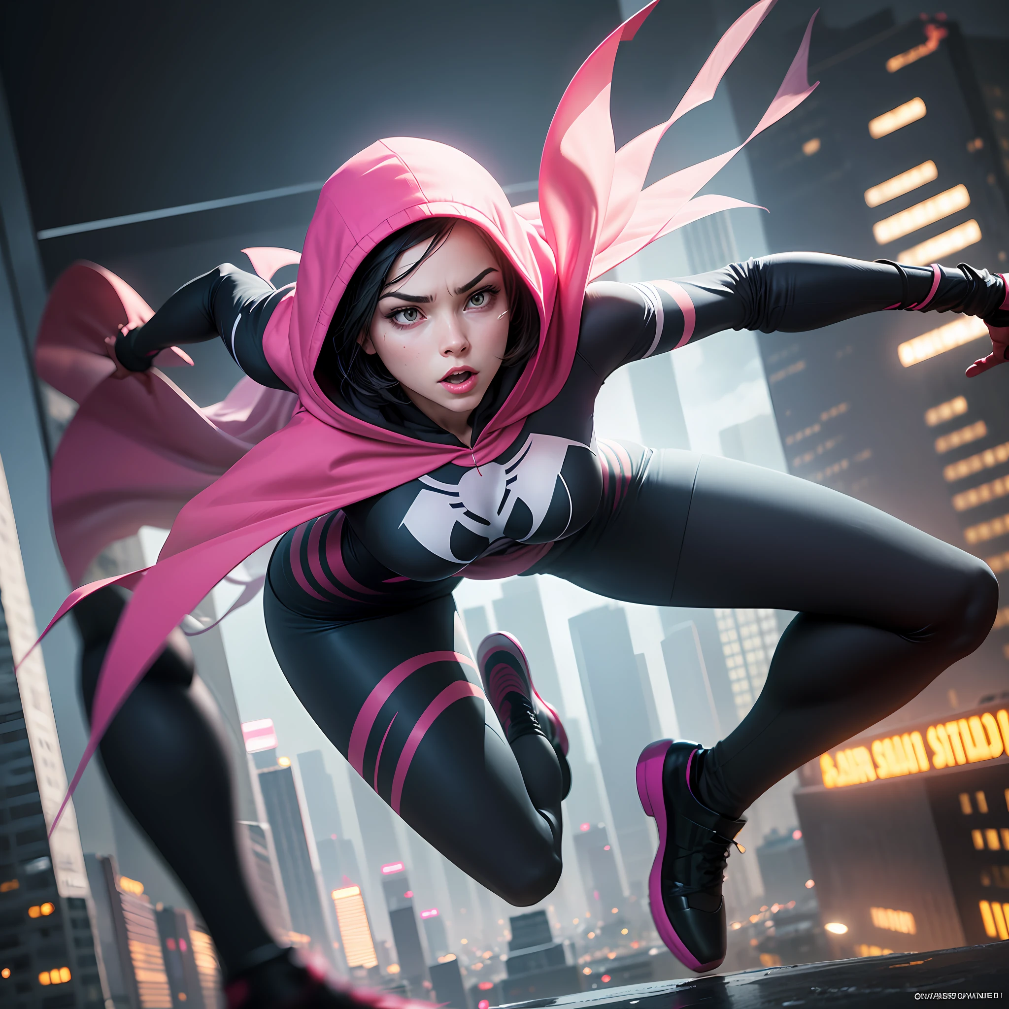 Title: "Spider Gwen: A Heroine in Action"
Description: Imagine Spider Gwen in full action! Create a realistic image of this brave heroine as she patrols the streets of New York City. Gwen Stacy, a college student and talented drummer, has taken up the mantle of Spider-Man in his alternate reality. Now, she swings between the skyscrapers, sporting a striking black and white costume combined with her pink and white hoodie. Her posture is athletic and elegant, as she casts her webs and leaps over the buildings, ready to take on any challenge. The city in the background shows vivid details, reflecting the urban environment and the energy of the city that never sleeps. The intense lighting of the neon lights gives a special touch to the scene, providing a dynamic and electrifying atmosphere. Use your imagination and creativity to create a stunning image of Spider Gwen in action! --auto