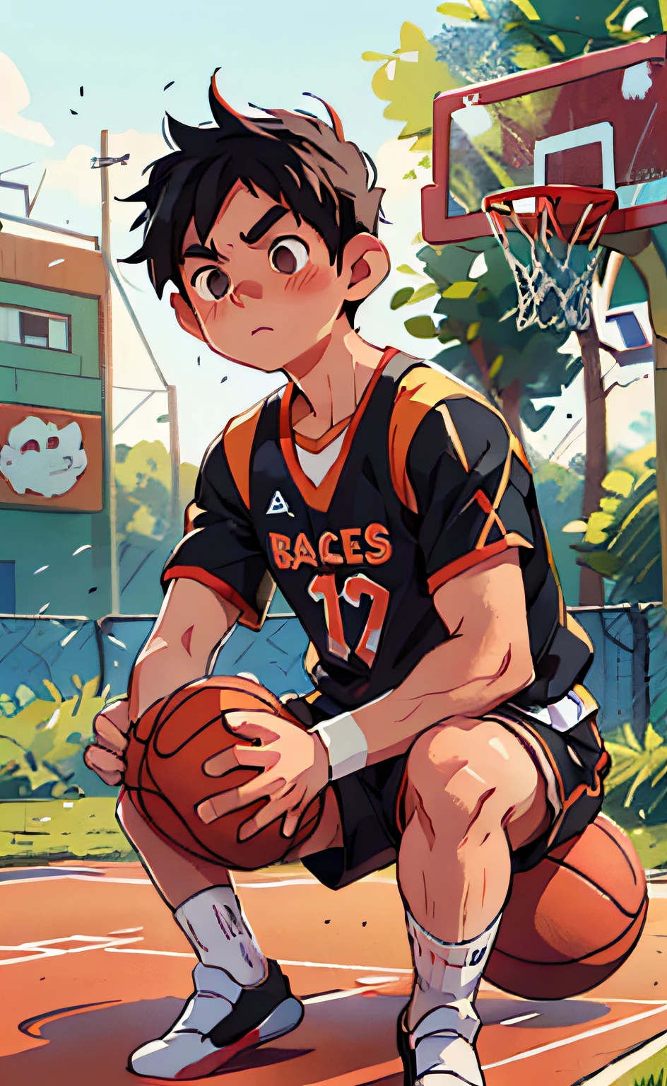 raw, 8k, simple background, illustration, basketball court, (1 boy: 1.2), 18 years old, basketball player, black eyes, black hair, shorts, white socks, tracksuit, round face, shyness
