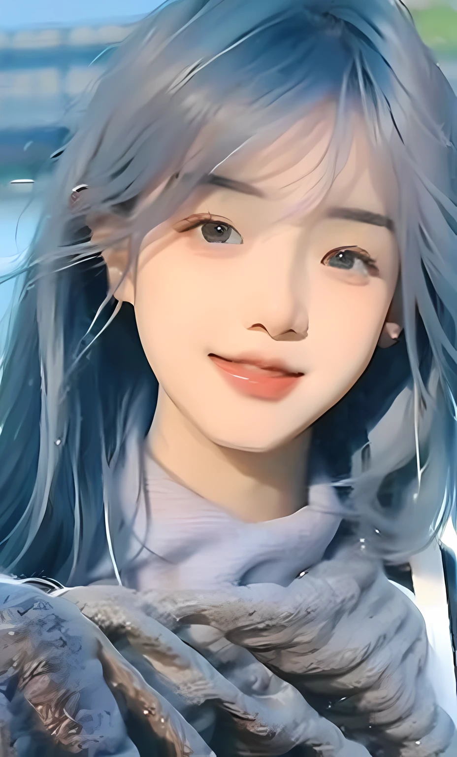 (8k, RAW photo, photorealistic:1.25) ,( lip gloss, eyelashes, glossy side, blue-gray hair, shiny skin, best quality, ultra-high resolution, depth of field, chromatic aberration, caustic, wide light, natural shadow, Kpop idol) Look at the sky and smile,