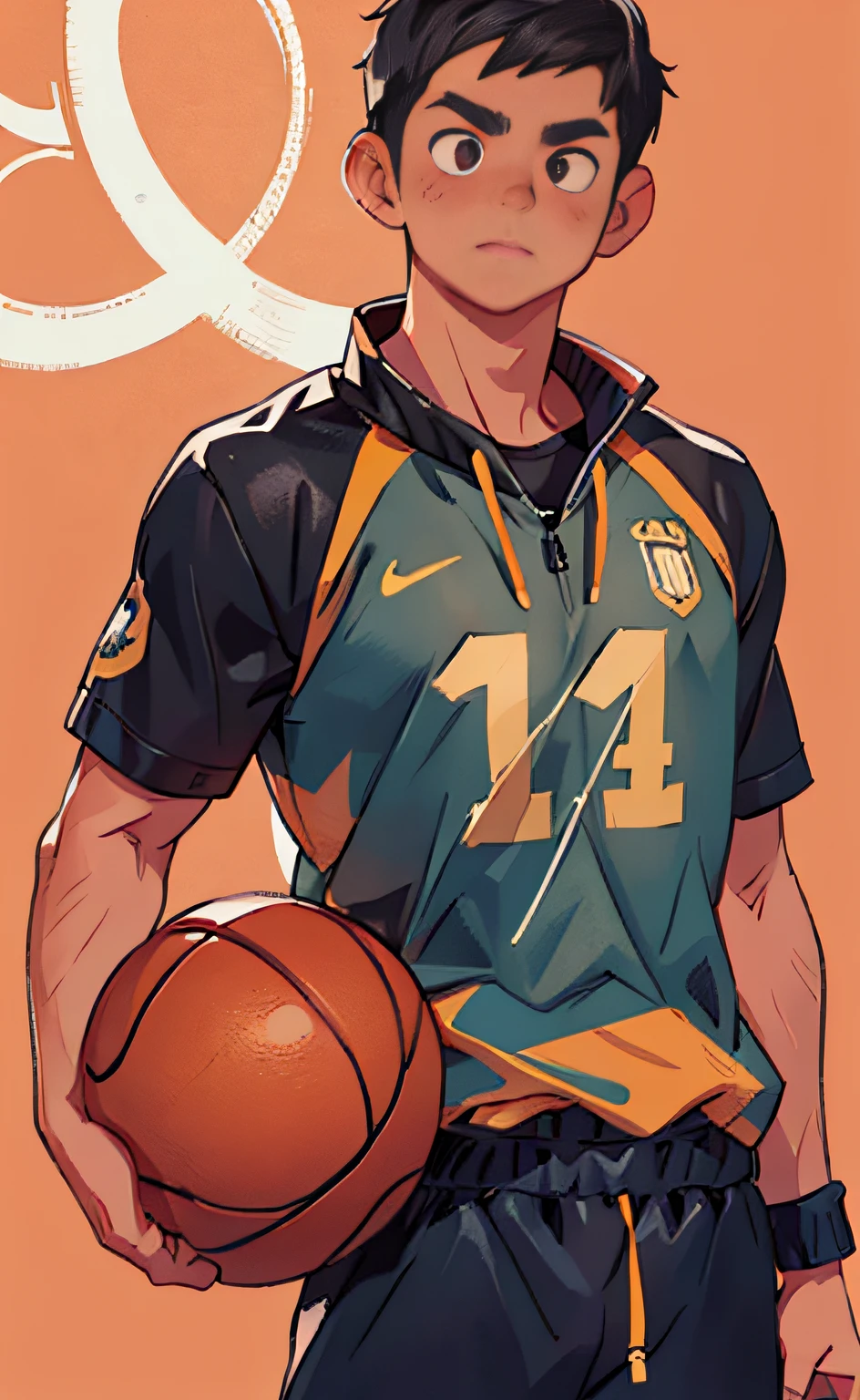 raw,8k,MasterPiece,simplebackground,the best quality t,Ultra-Detailed,illustartion,(1 boy:1.2),18age,basketball player,dark eye,black hair,tracksuit,rounded face,Shying