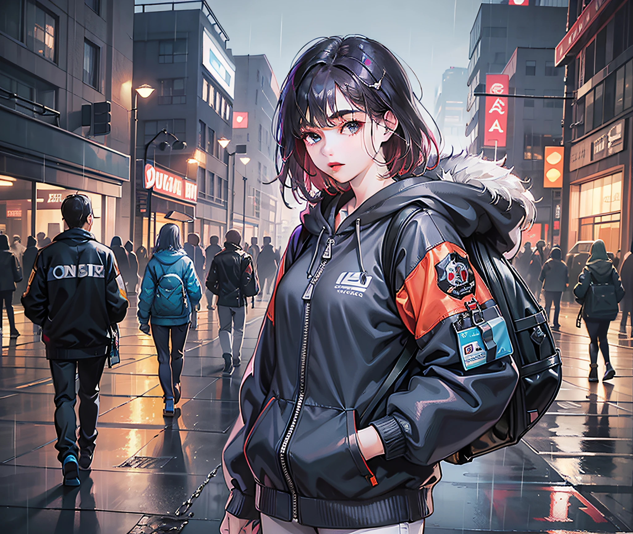 1girl, jacket, rain, outdoor, hoodie, open jacket, chain, backpack, messy hair, trend on artstation, 8k resolution, very detailed, anatomically correct, clear picture Cyberpunk Korean casual wear heavy rain casual clothes tall leg length modern technology Exquisite face