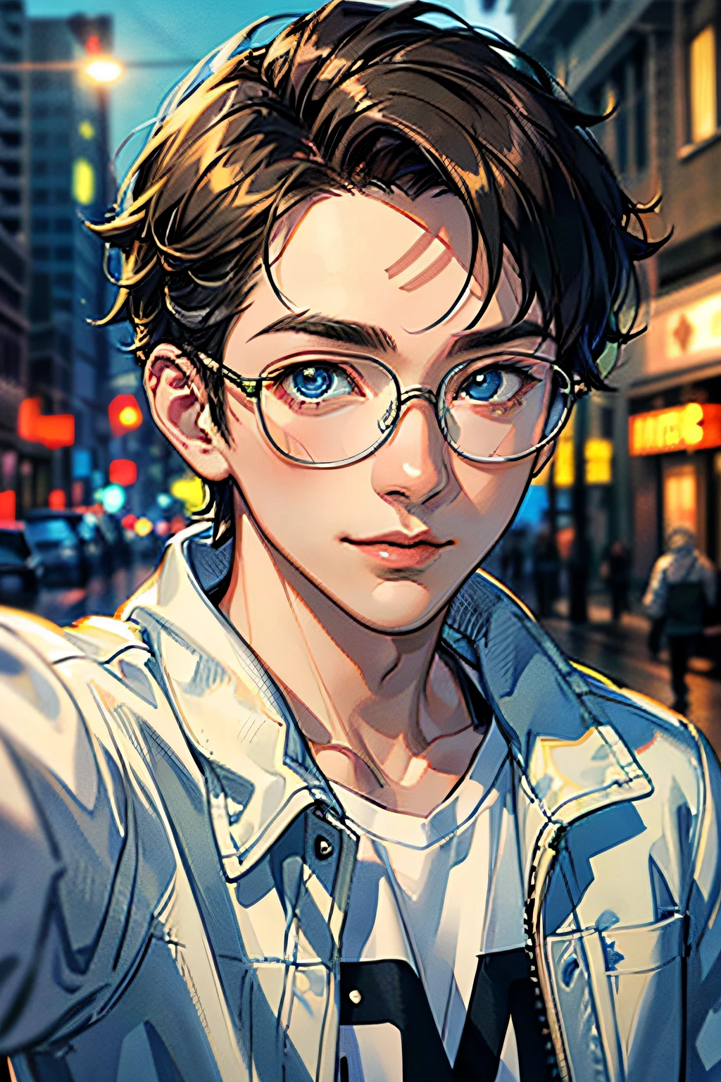 (Ridiculous, High Resolution, Ultra Detail, HDR), Masterpiece, Best Quality, 1boy, Wearing Glasses, Handsome, Short Hair, Fine Eyes and Detailed Face, (White T-shirt), (Denim Jacket), Dimples, Forehead, Night Street, Night City, Midnight, Selfie, Light Smile