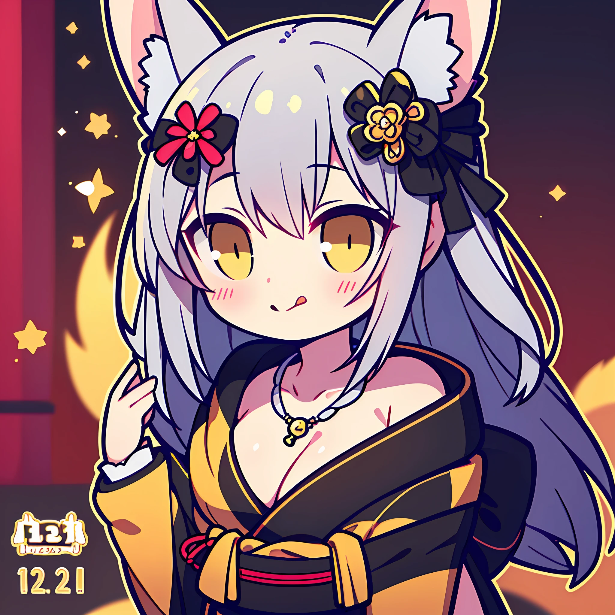 (8K, Top Quality, Masterpiece: 1.2), (Realistic, Photorealistic: 1.2), Ultra High Definition, (Chibi: 1.5), One Woman, Solo, Fox Personification, (Blushing), (Shy Face), (Tongue Out) Cleavage, Yellow Eyes, (Black Kimono), (Silver Long Hair: 1.3), Torii, (jumping), Necklace, Hair Ornament,