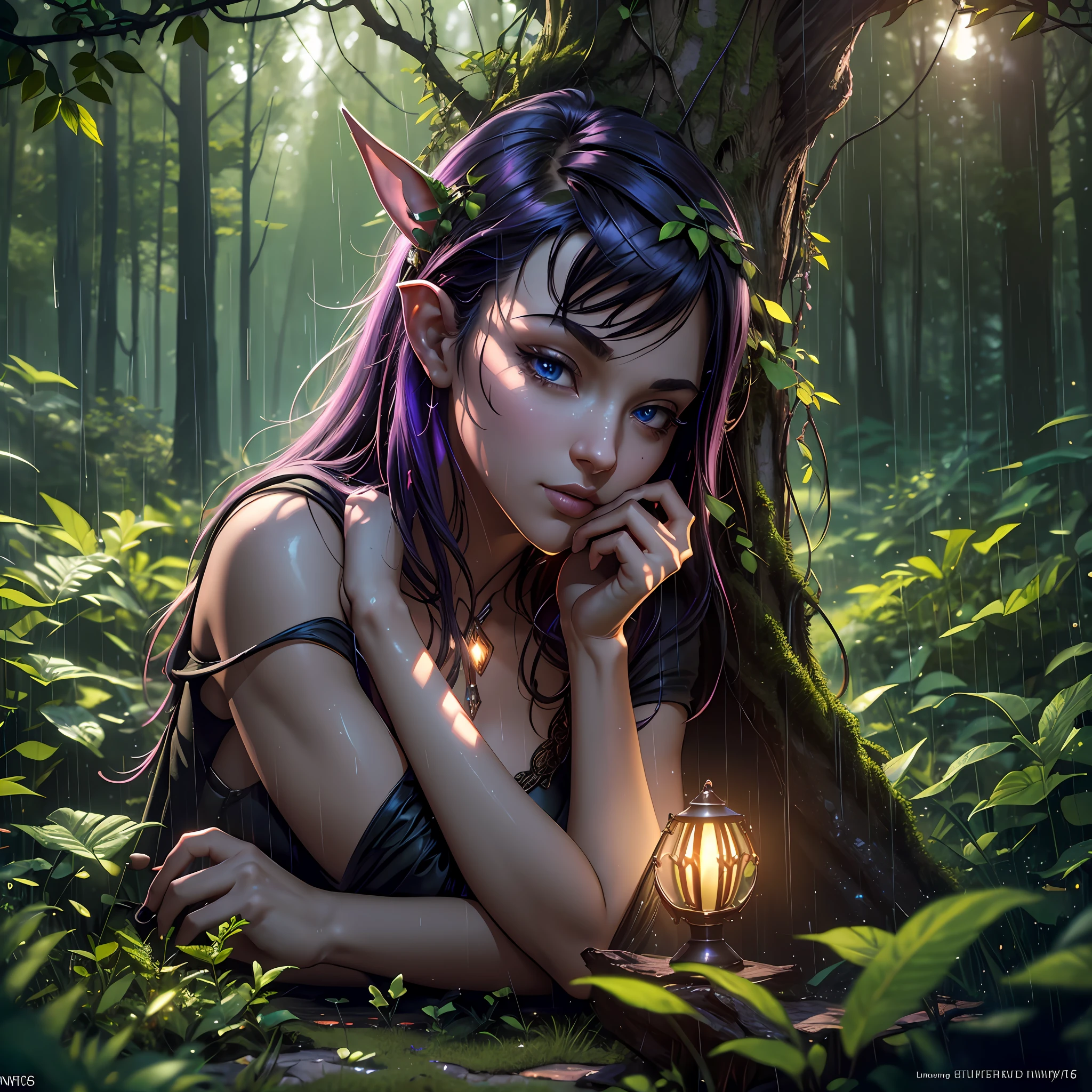 Masterpiece, superlative, (very detailed CG unified 8k wallpaper), dynamic lighting, (charming dark night elf forest), dim forest, meadow, bathed in dark and ethereal light, highlighting every intricate detail, adding fantastic texture to the scene, mysterious era, fantastic details, rainy weather, mysterious, warm and friendly atmosphere, atmospheric dust, underground scattering, ray tracing, depth of field, bokeh, vivid colors, cinematic hard lighting, realistic shadows, beautiful luminous details, Film, octane rendering, ray tracing, concept art, reality, Unreal Engine 5 --auto --s2