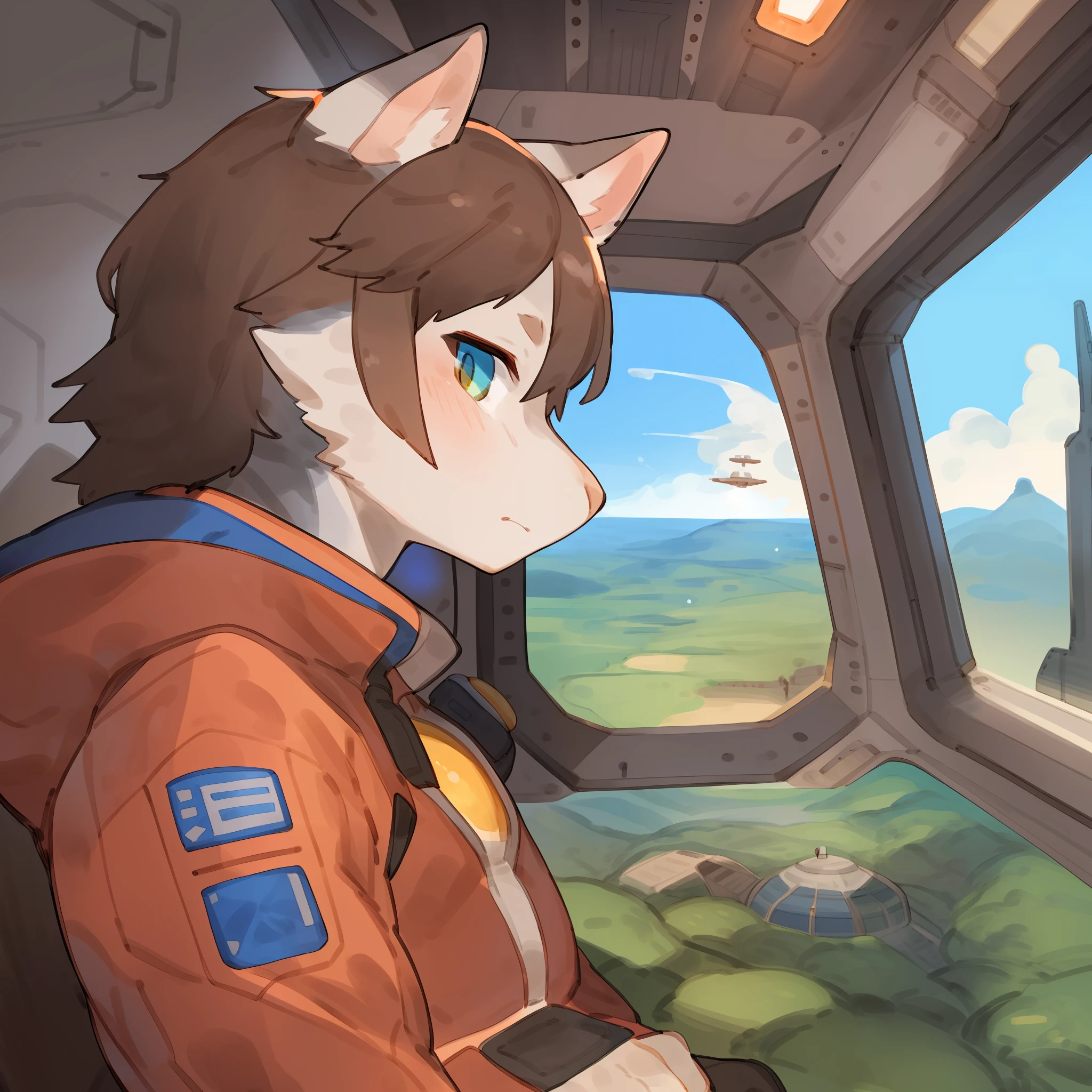 View from a distant of a grey cat with brown hair facing away from the viewer, wearing a red spacesuit and looking out a massive spaceship window at a detailed planet in the far distant, by bebebebebe, ((by buta99))