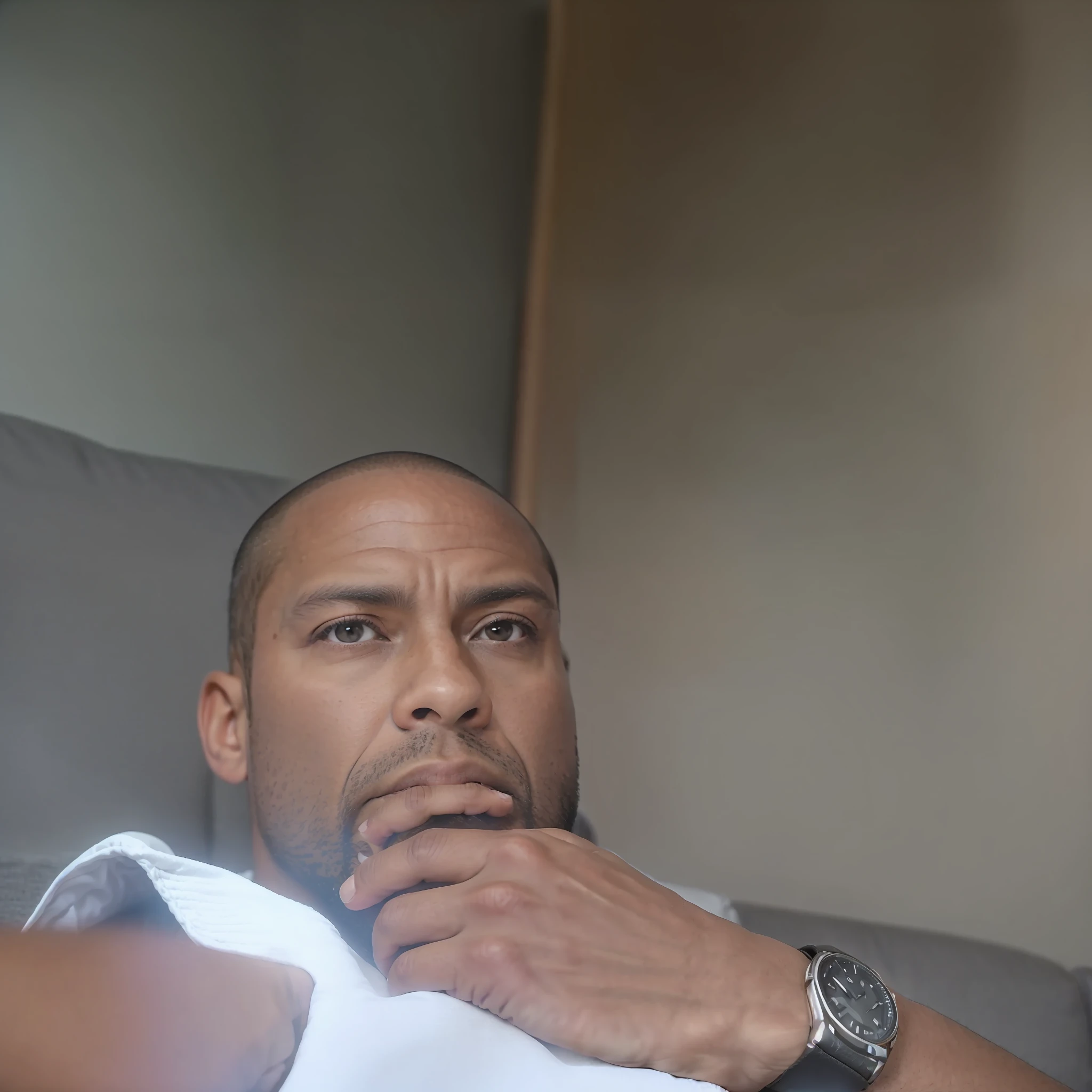 there is a man sitting on a couch with his hand on his chin, 35 years old