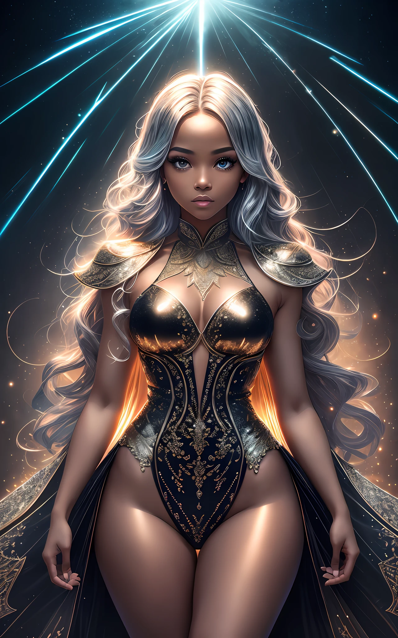 award winning 64k concept art of (black 1girl:1.2) in colorful majestic open dress standing bravely, head lifted, posing, epic, god rays, centered, upper body, (masterpiece:1.2), (best quality:1.3), Amazing, highly detailed, beautiful, finely detailed, warm soft color grading, Depth of field, extremely detailed 64k, fine art, stunning, iridescent, (shiny:1.2), (light reflections:1.3), (crisp:1.7), silver curls, storm, vibrant, sunlit, (edge detection:1.3), absurdres, impressive, 120mm, outlining, wide thighs, luminous, glittering, reflections, lights, sky
