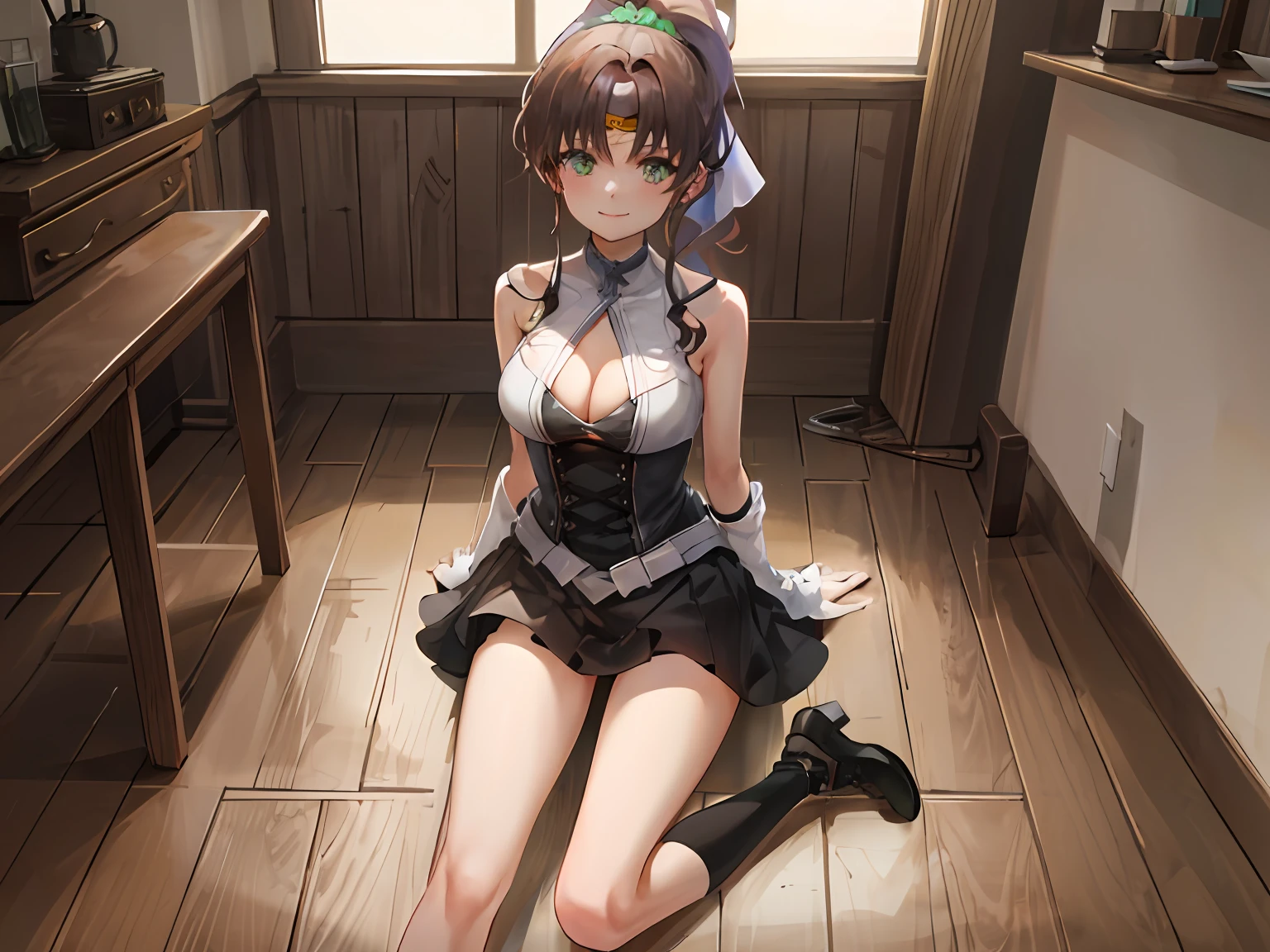 masterpiece, Top quality, Absurdity, Perfect anatomy, One girl, SMJupiter, Green eyes, Ponytail, Bare shoulders, Hand lifting black dress, Black footwear, Chest, Chest, Cleavage, Clavicle, Cross Halter, Hair ribbon, Handbag, Look at viewer, Smile, Solo, Sit with legs spread, Cowboy shot, Indoors, Reflective floor, Ballroom, Palace,