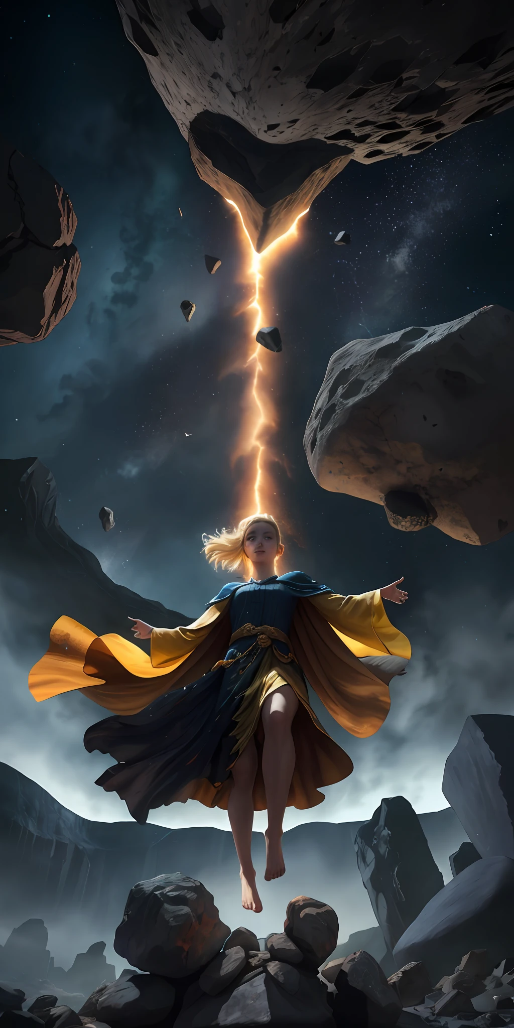 female goddess barefoot summoner levitating with blonde hair robes and cape arms lifted up over a broken earth bright lava light from below asteroid field (jagged rocks boulders and debris shooting into the air:1.3) (windy dust debris storm:1.1) volumetric fog mist ray tracing z pass bright light from below, (masterpiece) (best quality) (detailed) (8k) (cinematic lighting) (sharp focus) (intricate)