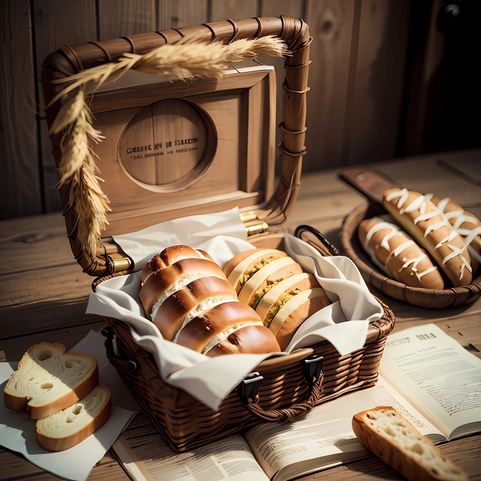 A basket with bread, the Bible on the side, a light concentrated in the bread basket, realistic, 4K --auto