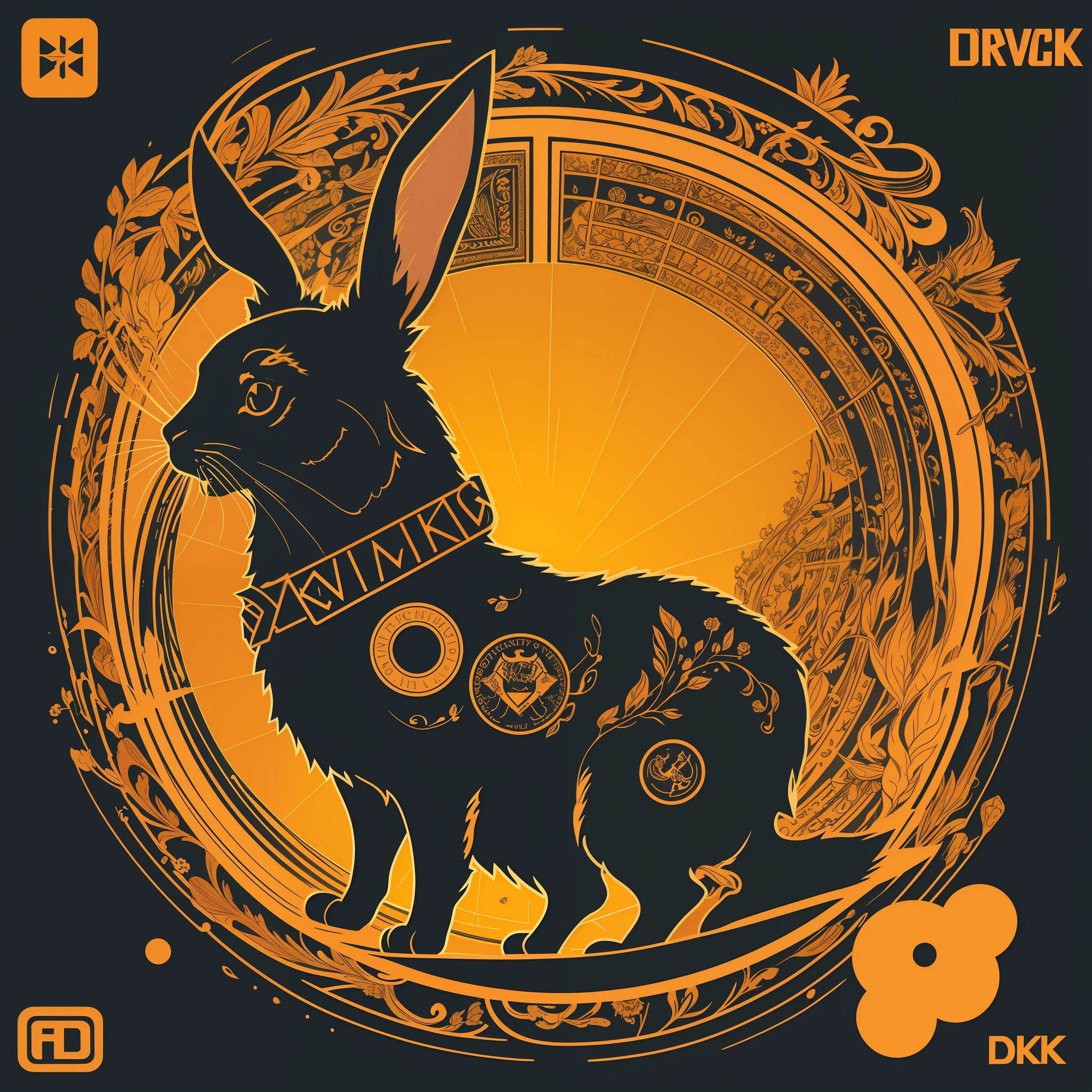[Black Rabbit] circular coat of arms silhouette, logo masking style illustration, Dan Mumford, Greg Lutkowski, James Jean, yellow background, fantasy art, mysterious, realistic, majestic, rich vivid colors, high contrast, seamless water brand, art station, deviant art, dribbling, red bubble, Tee public, sharp focus, simple, hyper detail, detailed drawing, vectorization, outline, isometric style, 8k.