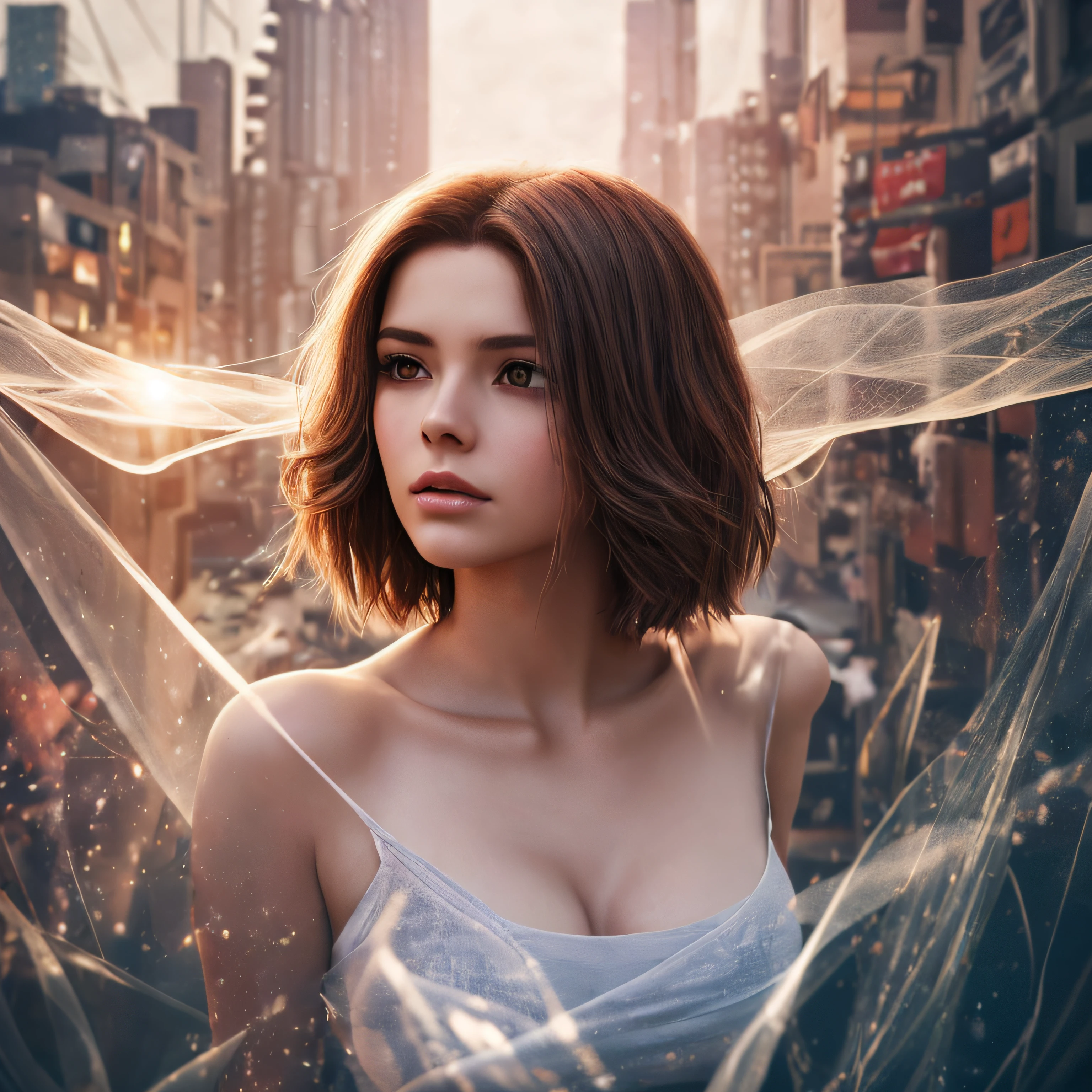 As a Yael Shelbia, realistic photography, photorealistic, realism, contrast, photography, masterpiece, cyborg, cyberpunk, ethereal beauty, ethereal, ultra realistic, 3d, 3d rendering, porcelain, Best quality, human anatomy, real hair, short hair, Asymmetrical Cut Hair, moving hair, huge breasts, human anatomy, posing for photo, translucent, (ethereal, Dream), formidable, 8k wallpaper, Realistic Textures Dramatic Lighting,  Trending at Art Station Cinestill 800 --auto