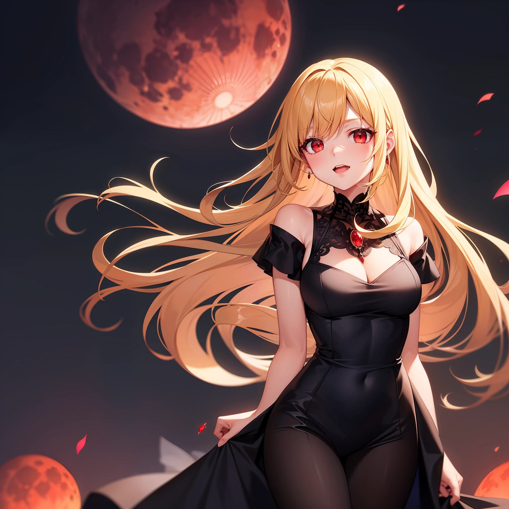 blonde, red-eyed, vampire, red moon, black dress,