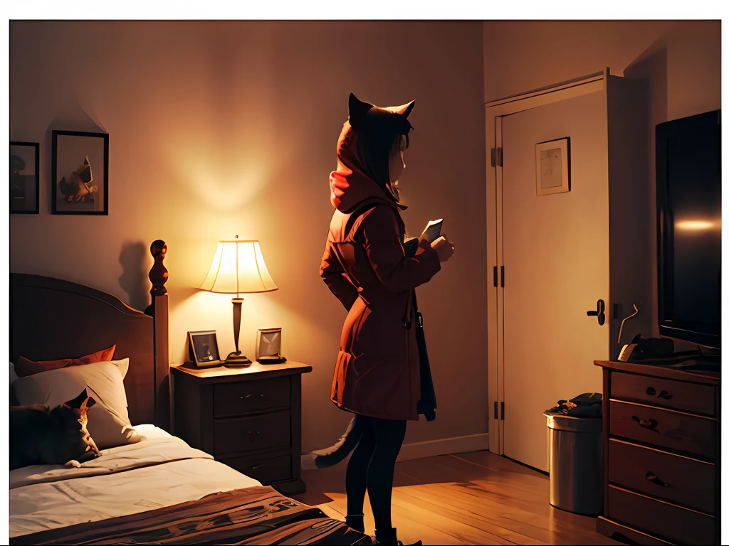 Night bedroom standing red hood playful girl with cat's tail --auto