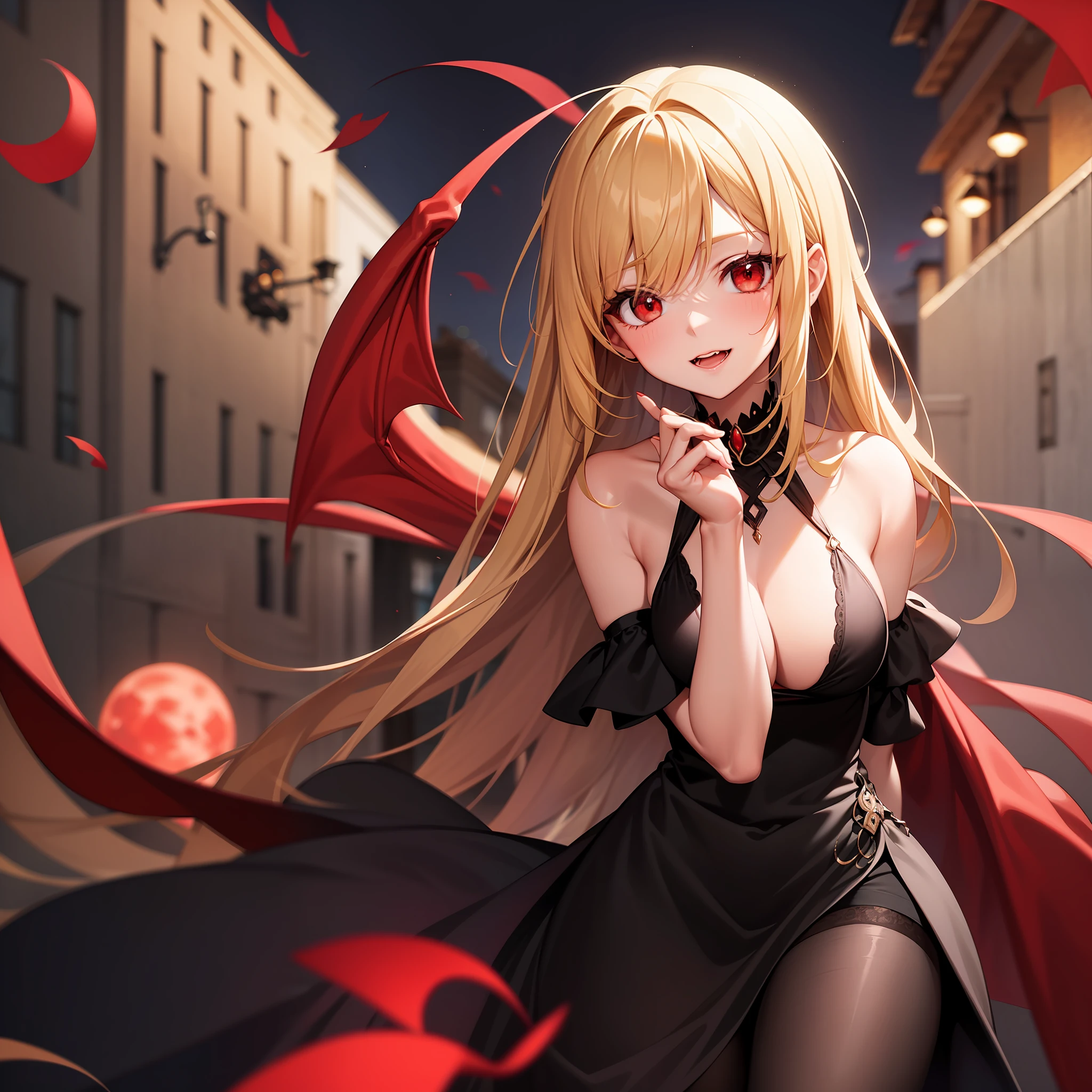 blonde, red-eyed, vampire, red moon, black dress,