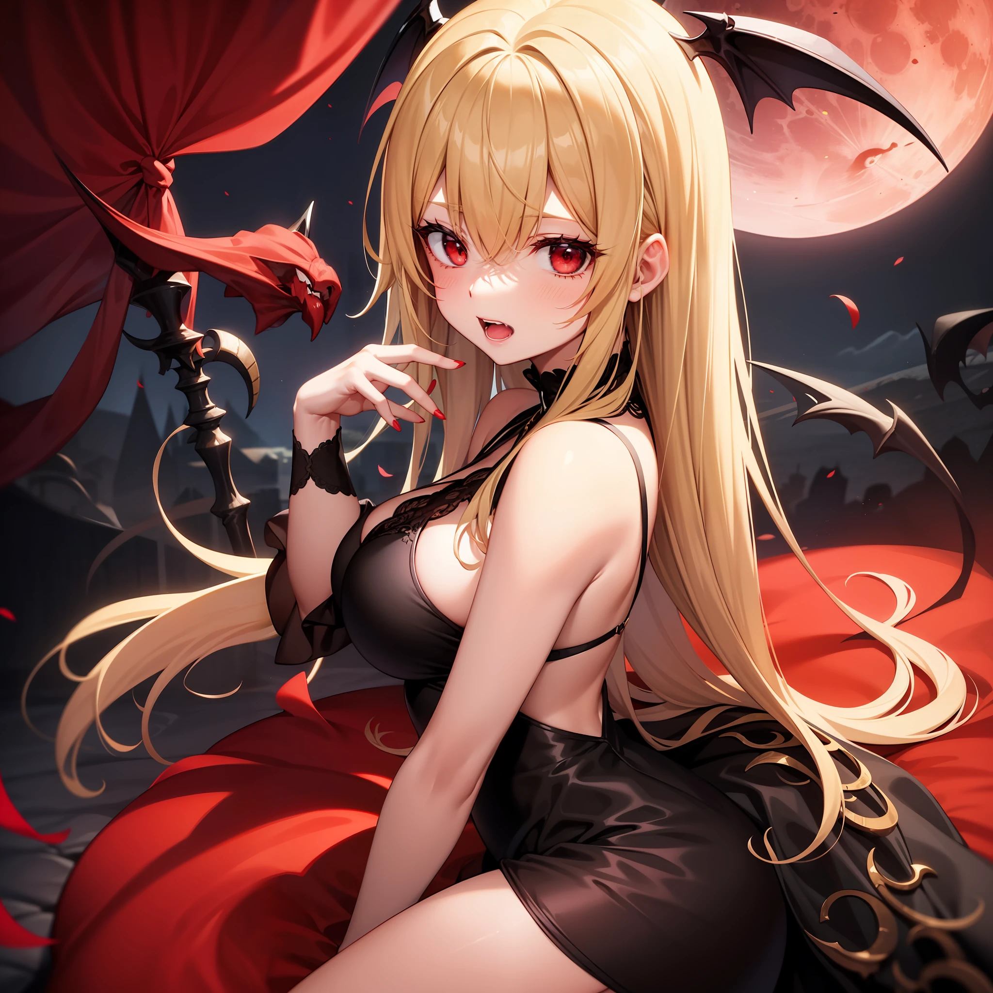 blonde, red-eyed, vampire, red moon, black dress,