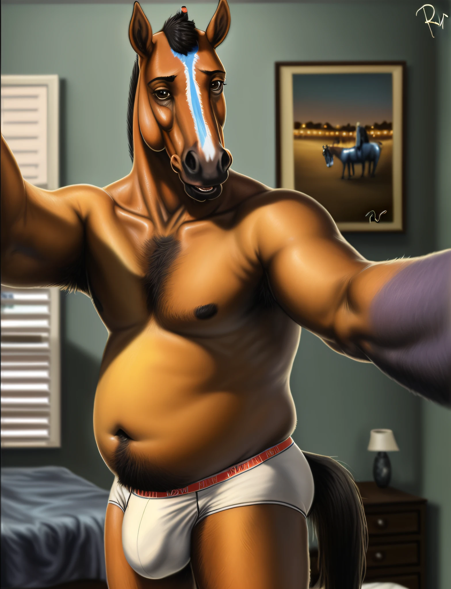 ((Bojack Horseman)), male, solo, overweight, anthro (horse), detailed background, ((bedroom)), natural pose, standing, detailed eyes, underwear only, white briefs, ((by rov)), (detailed fur, realistic fur texture:1.3), selfie, big bulge, white snout