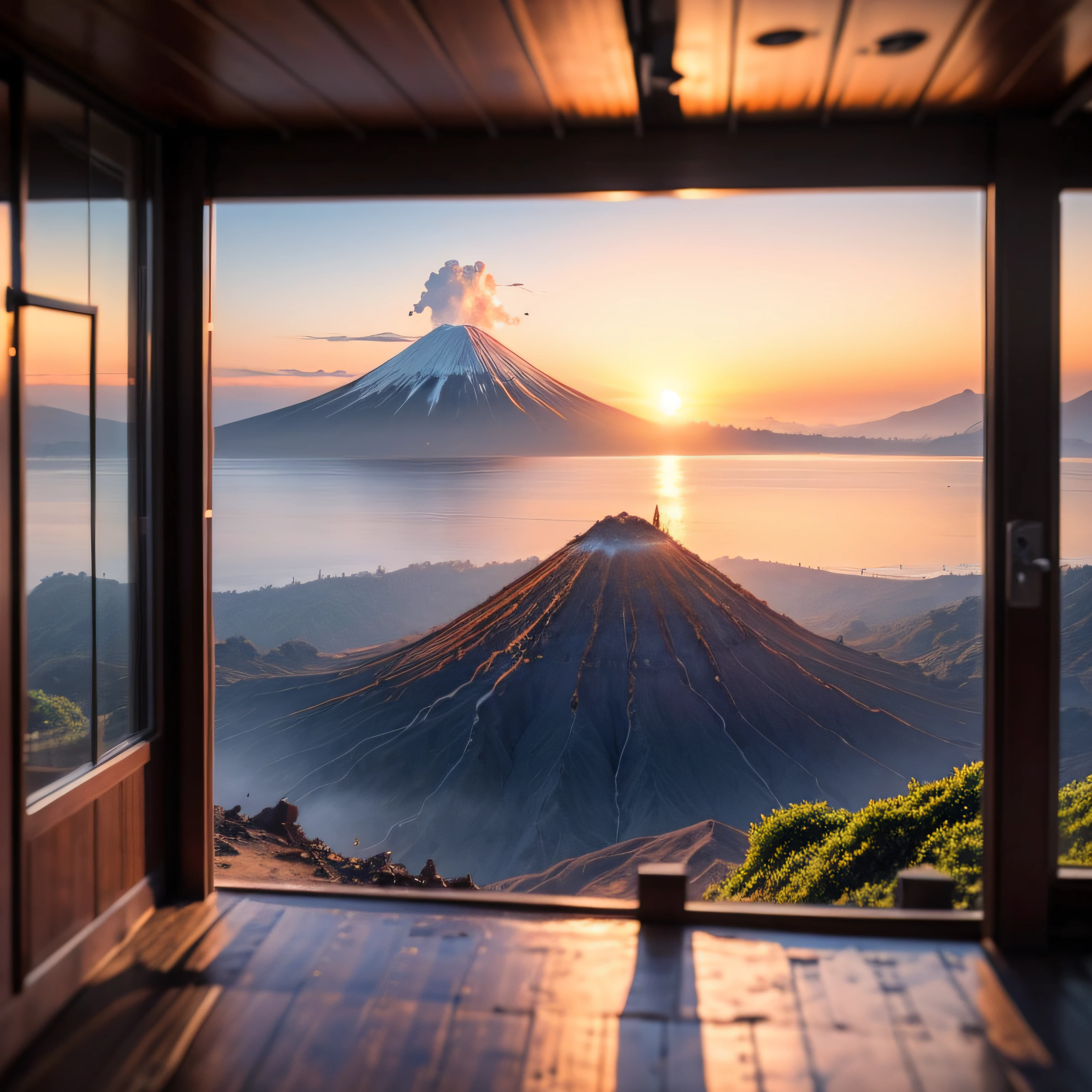 Dream volcano with blue sea, brilliant sunrise and stars, Java, Indonesian dreamland, surreal, 8k, natural light --auto