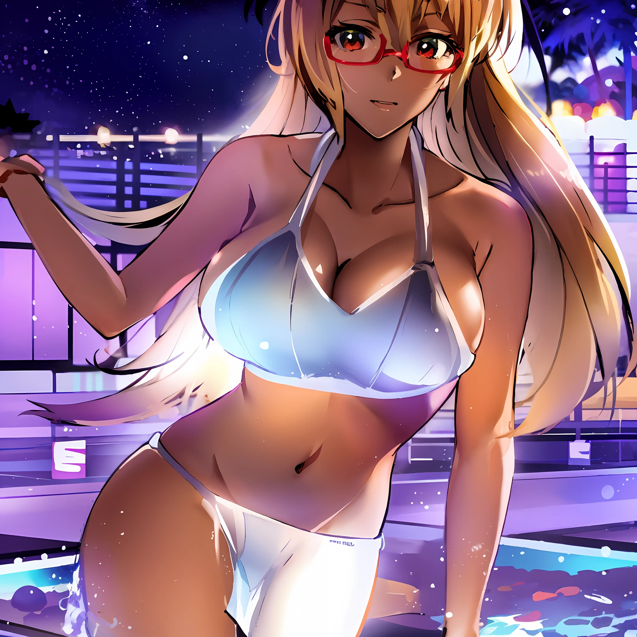 anime girl in a bikini with glasses and a star in the background, seductive anime girl, asuka suit under clothes!, poolside, beautiful alluring anime woman, commission for high res, beautiful alluring anime , next to a pool, is wearing a swimsuit, oc commission, anime moe artstyle, digital anime art!!, ecchi anime style, sougo okita