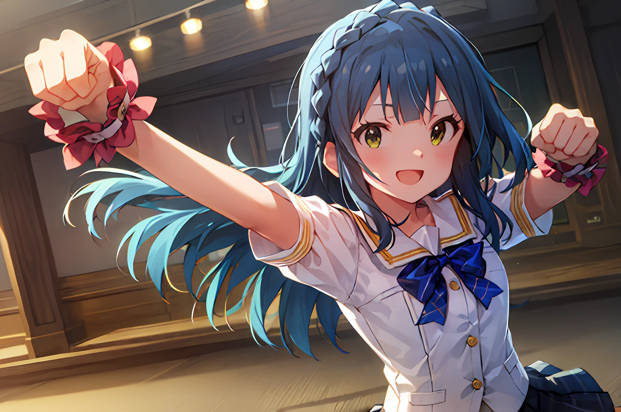 Yuriko Nanao (Million Live), (Top Quality, 8K, Masterpiece, Super Detail: 1.2), Cinematic Angle, Wide Shot, 1 Girl, Solo, Skirt, Watch Audience, Sailor Color, Pleated Skirt, Short Sleeves, School Uniform, Blush, Serafuk, Clavicle, Ribbon, Upper Body, Adjusted Hair, Wind, Floating Hair, Spread Your Arms, Stretch Your Chest, Smile, Clench Your Fist.