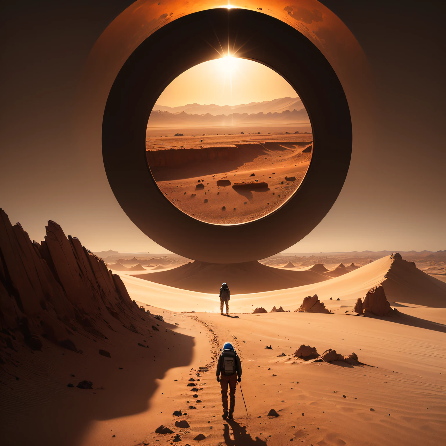 Landscape seen from afar of a person walking on Mars toward a portal of light --auto