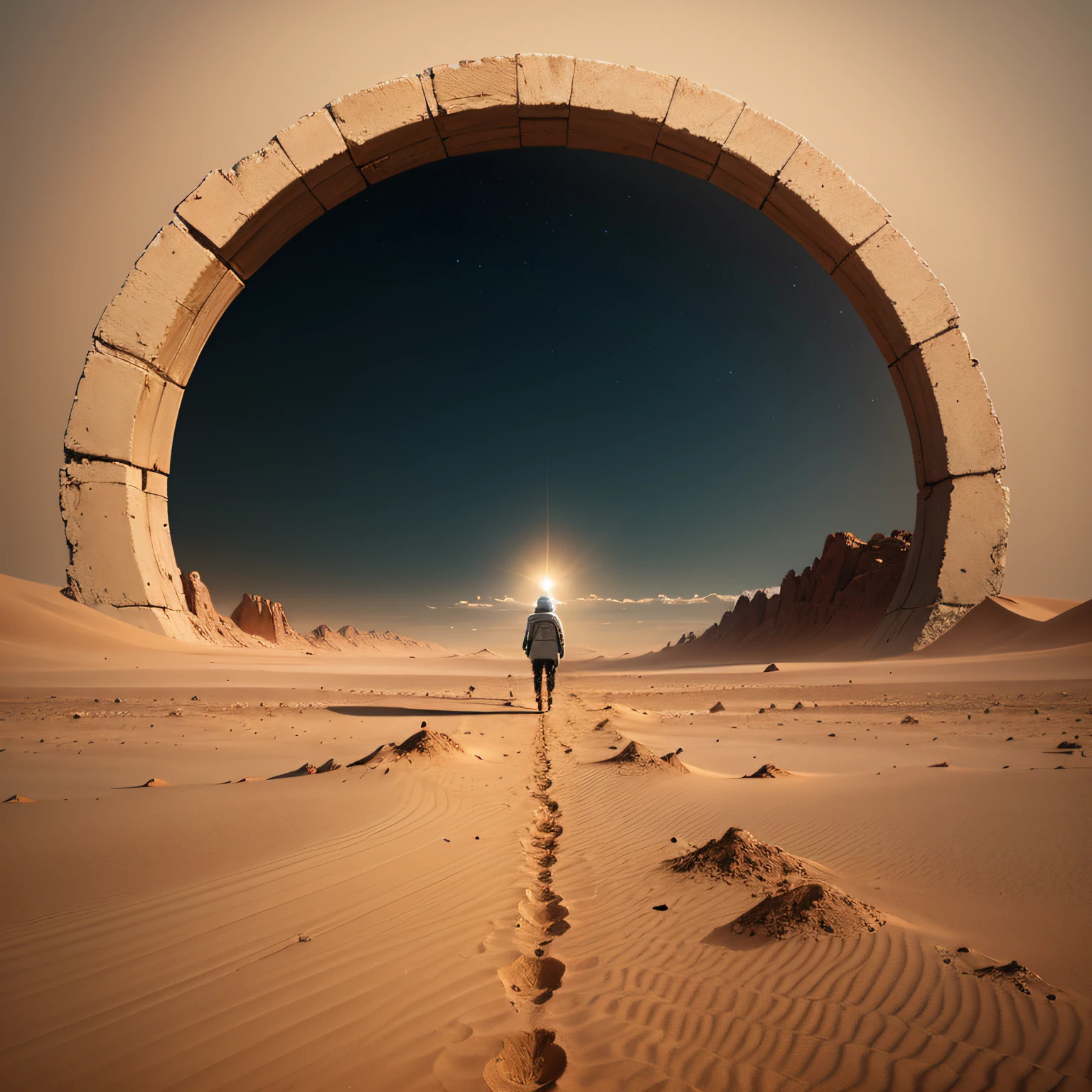 Landscape seen from afar of a person walking on Mars toward a portal of light --auto