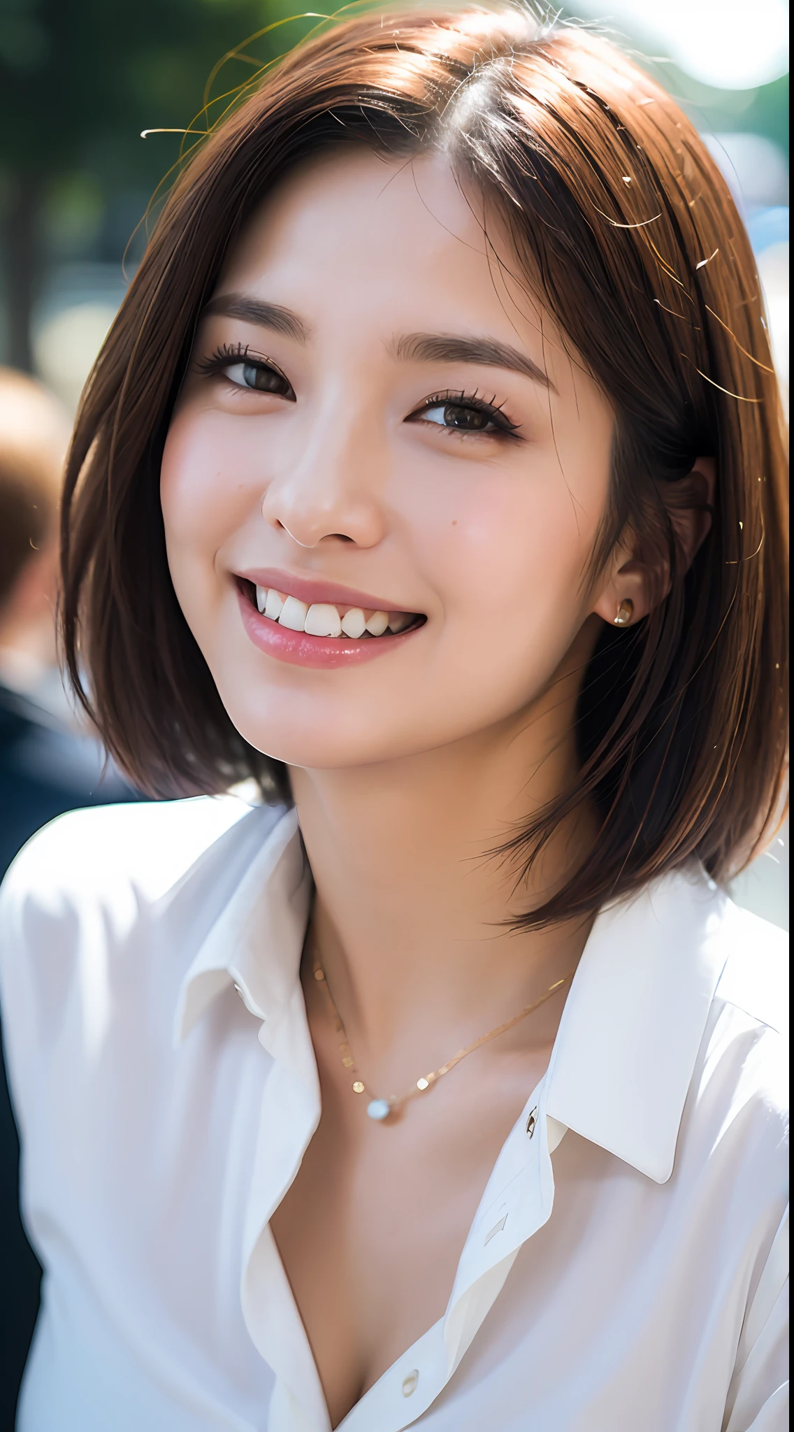 (8k, RAW Photos, Best Quality, High Resolution: 1.1), (Ultra Realistic: 1.4), (Realistic, Photorealistic: 1.3), Soft Light, Big Girl, Realistic Face, Realistic Body, Realistic Skin, Absurdity, Masterpiece, (Cute: 1.8), Cuties, Solo, (Large: 1.2), Detailed Black Eyes, Innocent Eyes, Cheeks, (Blouse: 1.2), Cinema Light, Film Grain, (((Short Hair: 1.1)), Cherry Colored Lips, Close Up, Look Viewer, Upper Body, Open Lips, Upper Teeth, (Smiling Eyes: 0.6), (grinning: 1.2)), Depth of Field, Blurred Background, Eye Focus, Bokeh, Midnight, Shinjuku, Neon Sign, Cyberpunk, Rain, 85mm Lens, f/1.4, Professional Lighting, Young, Portrait, Photon mapping, radiosity, and physically based rendering