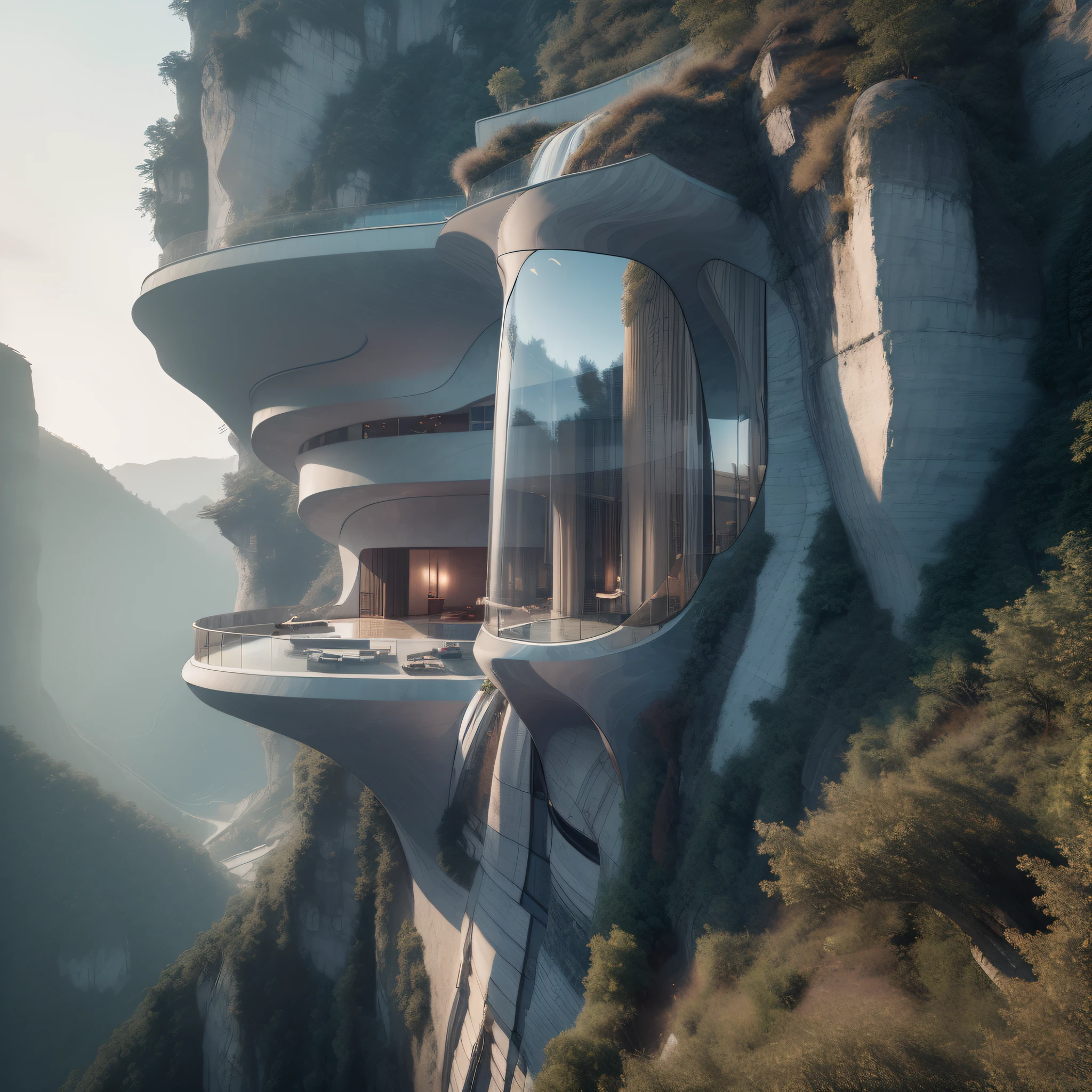 Residence, Science fiction architecture, deep in the mountains, waterfalls, cliffs, daytime, glass curtain wall, beautiful and aesthetic, cyberpunk, magnificent, photography, film, 8k, high detail