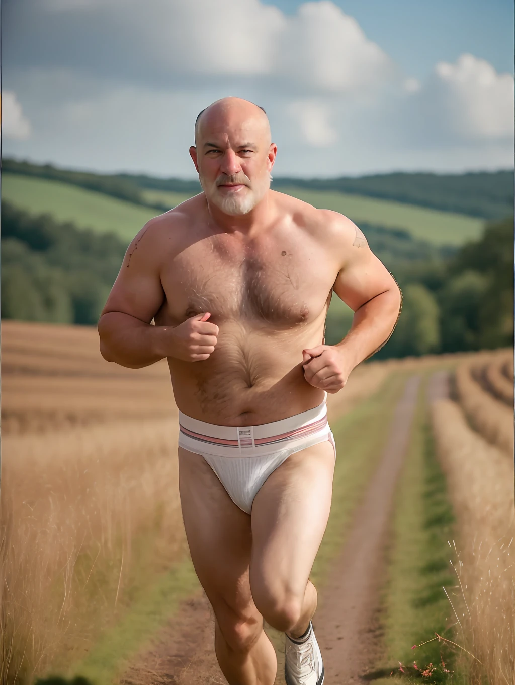 RAW photo, bald Middle-aged wearing a dirty used white jockstrap with a big bulge, furry belly, furry legs, running in the field, extreme action shot (a countryside landscape in the background:1.1), (high detailed skin:1.2), 8k uhd, dslr, soft lighting, high quality, film grain, Fujifilm XT3