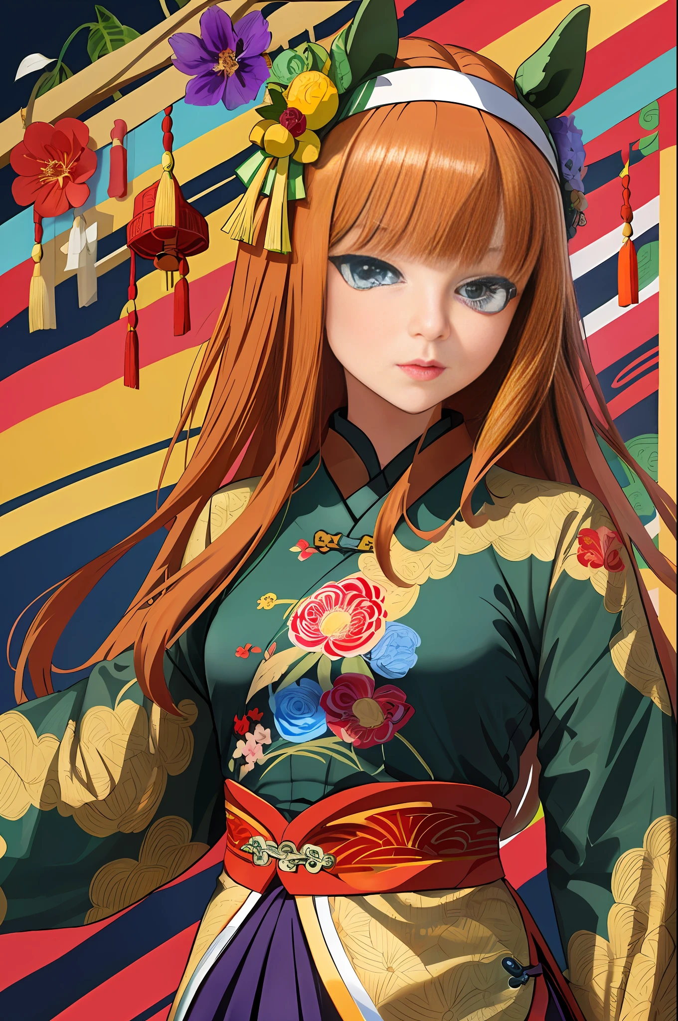 Masterpiece, top quality, high resolution, silence suzuka \(umamusume\),horse tail,solo, small breasts, extremely detailed,(fractal art:1.1),(colorful:1.1)(flowers:1.3),highest detailed,(zentangle:1.2), (dynamic pose), (abstract background:1.3), (chinese Traditional cloth:1.2), (shiny skin), (many colors:1.4),