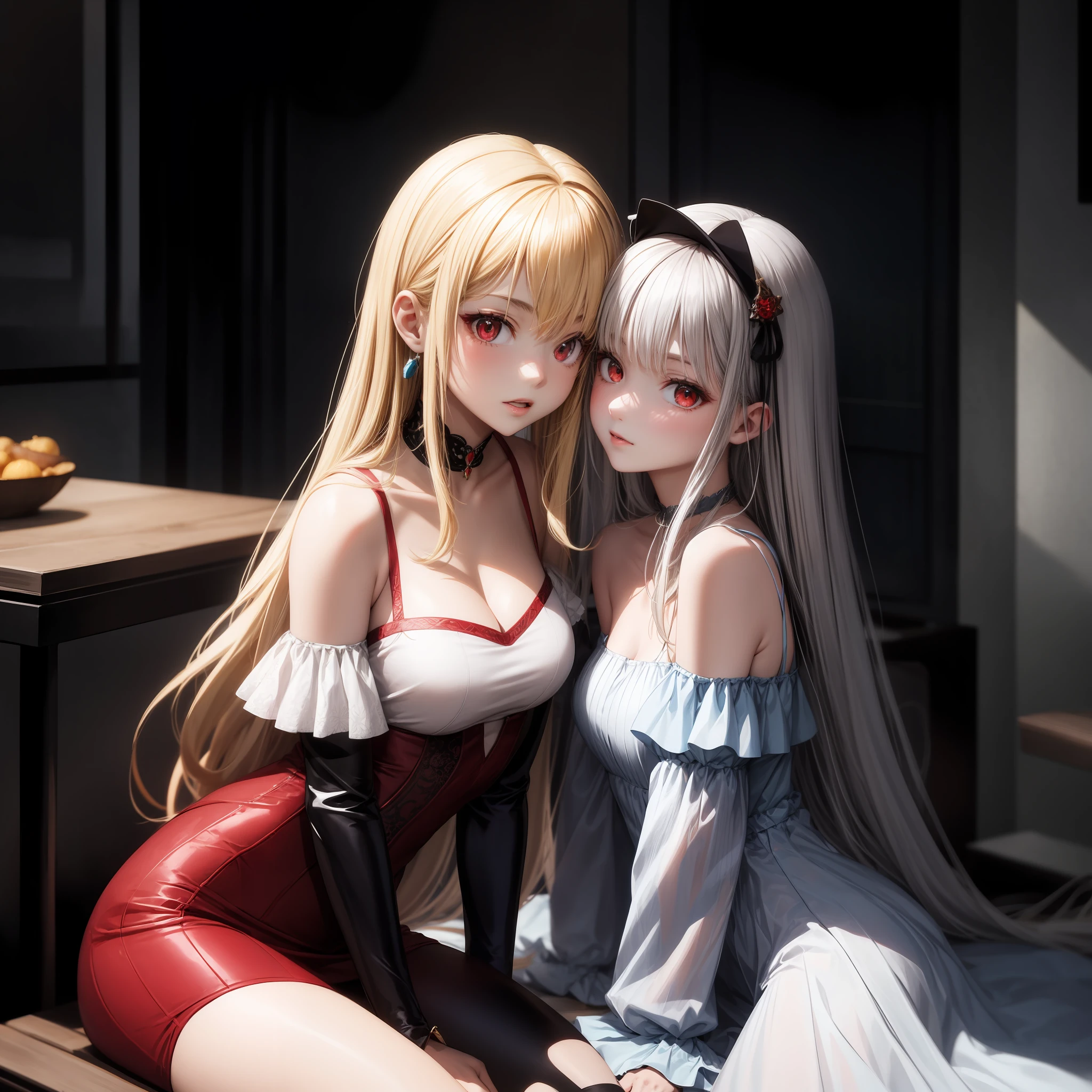 anime, blonde and red-eyed girl, silver-haired and red-eyed girl, twins, dress, off-the-shoulder