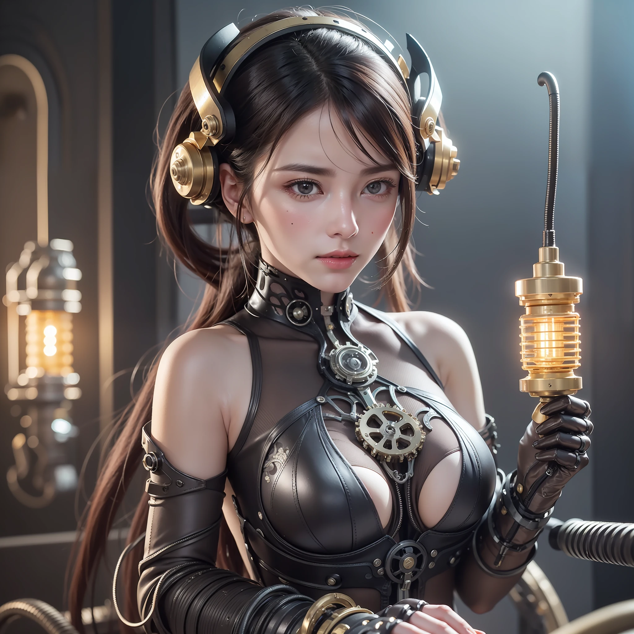 High degree of craftsmanship and quality assurance, masterpieces in the hands of top masters, extremely detailed and clear image resolution, rendered with camera-like realism, inspired by real photographs ( a mechanical girl), highly realistic details, as commemorative images, panoramic lighting effects, fine and accurate shadow representation, using advanced octane rendering technology, up to 8K resolution, extremely sharp and clear lines and details, spectacular and grand narrative, showing vivid skin details, performance of metallic materials, Fine and intricate decorative details, Steampunk style details, Depiction of details such as vacuum tubes, liquid tubes, oil pressure gauges, glass tubes, analog instruments, etc., Highlighting the details and movements of gears, Performance of gold hydraulic cylinders, Highly complex and detailed depiction, Realistic lighting effects, Following current trends in CG technology, Eyes glowing, Facing the gaze of the audience, Detailed depiction of neon details, Depiction of mechanized body parts, Depiction of blood vessels connected to catheters, Depiction of mechanized spine attached to the back, depicting a mechanical attachment attached to the neck, Presenting a sitting position, depicting wires and cables connected to the head,