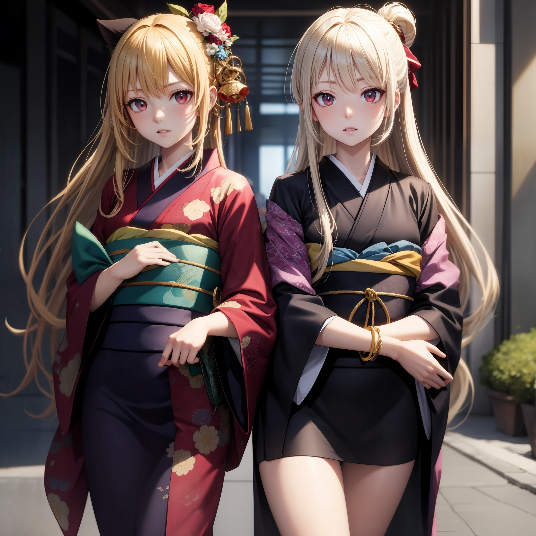 anime, blonde and white, red eyes, twins, kimono,