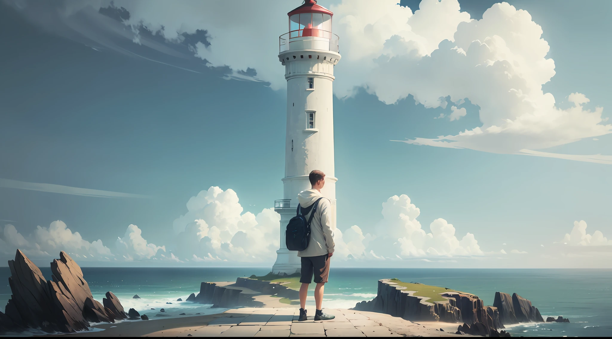 A young man, standing around the lighthouse with a satisfied expression, arrived at the bottom of the white crystal lighthouse, the white body, standing on the seaside hill, admiring its beauty and location.
