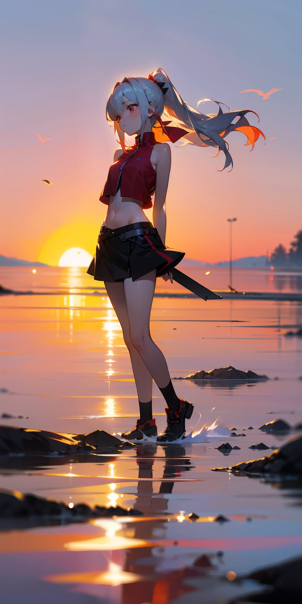 Inline projection, (highest quality), (depth of field), (full-body), glamorous, rich detail, one girl, (silver hair), quadratic, long ponytail, light red eyes, red hair accessories, sleeveless, bare shoulders, crop navel, hands behind back, sideways, dusk, sunset, beautiful sky, lakeside, water reflection, (top-down)