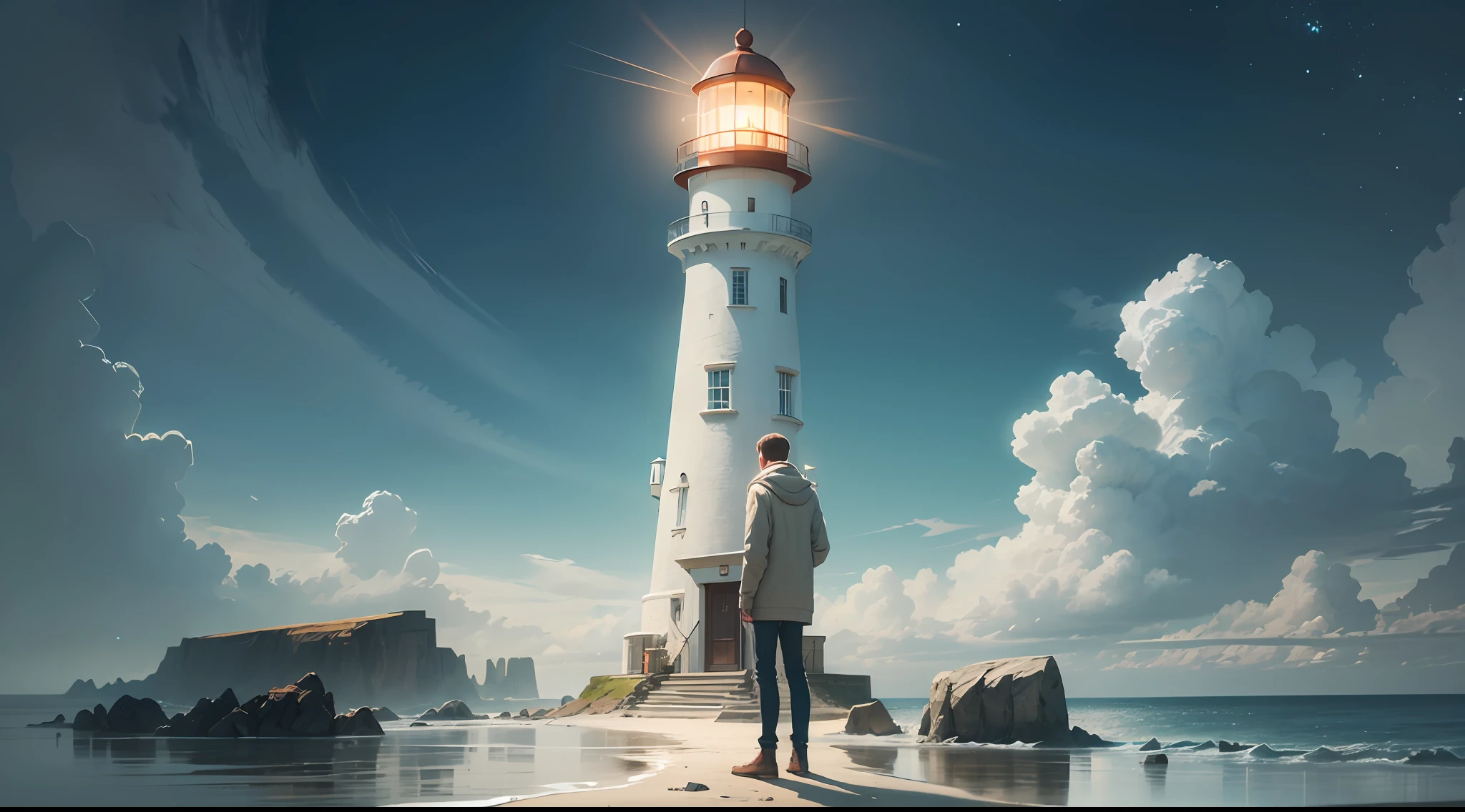 A young man, standing around the lighthouse with a satisfied expression, arrived at the bottom of the white crystal lighthouse, the white body, standing on the seaside hill, admiring its beauty and location.
