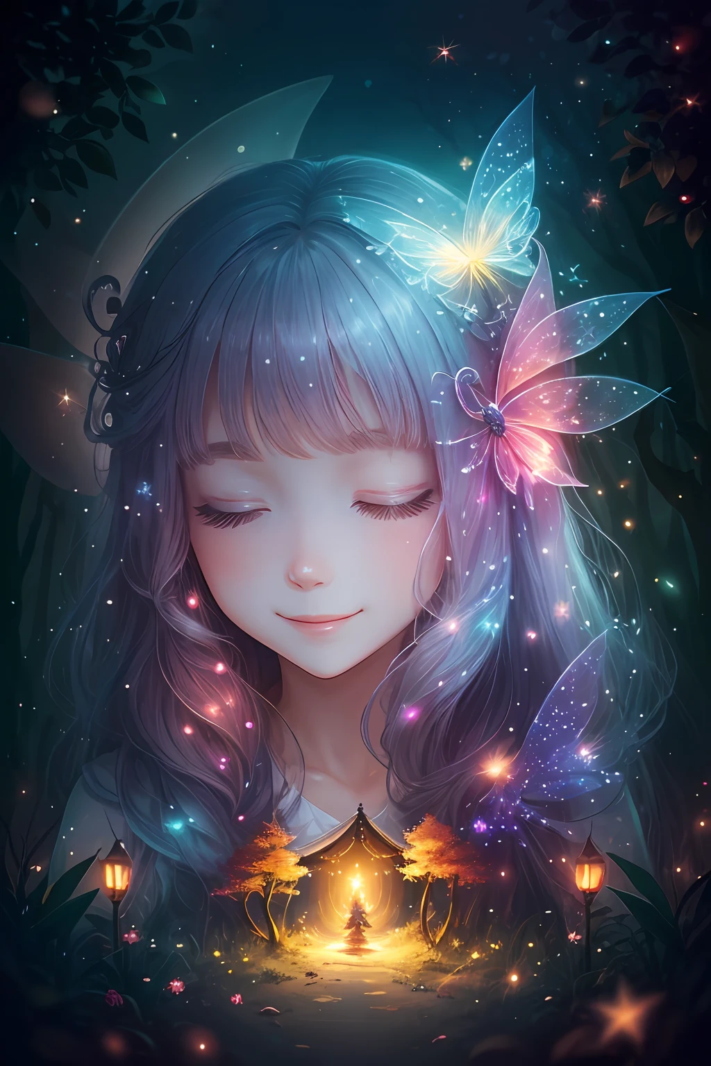 mystic forest, fairy, glitter, bright, light, budding, watching, cherished, pretty girl, smile, friendly, fun, sleeping, halo, bright background, fairy, moonlight, firefly --auto --s2