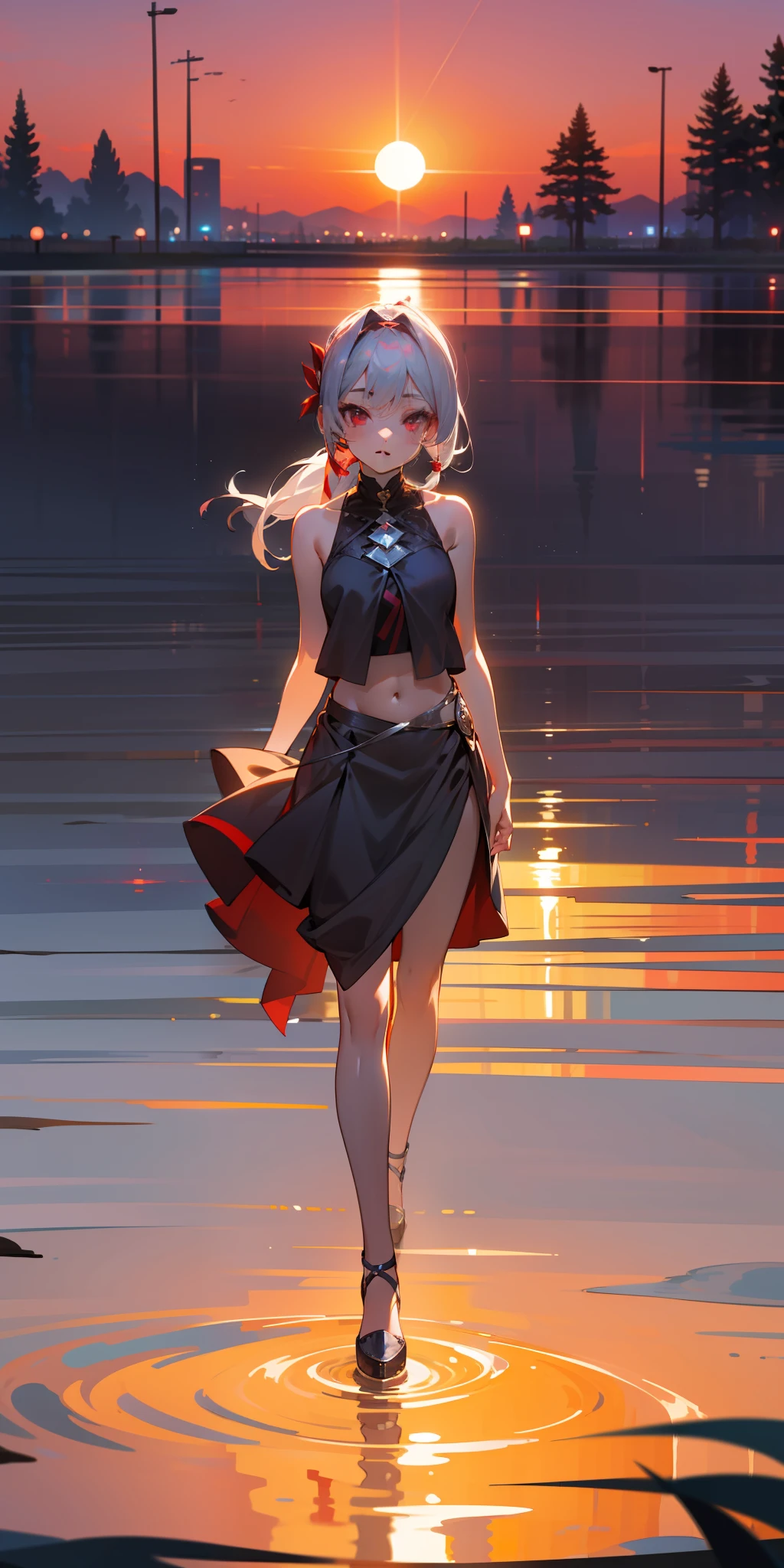 Inline projection, (highest quality), (depth of field), (full-body), glamorous, rich detail, one girl, (silver hair), quadratic, long ponytail, light red eyes, red hair accessories, sleeveless, bare shoulders, crop navel, hands behind back, sideways, dusk, sunset, beautiful sky, lakeside, water reflection, (top-down)