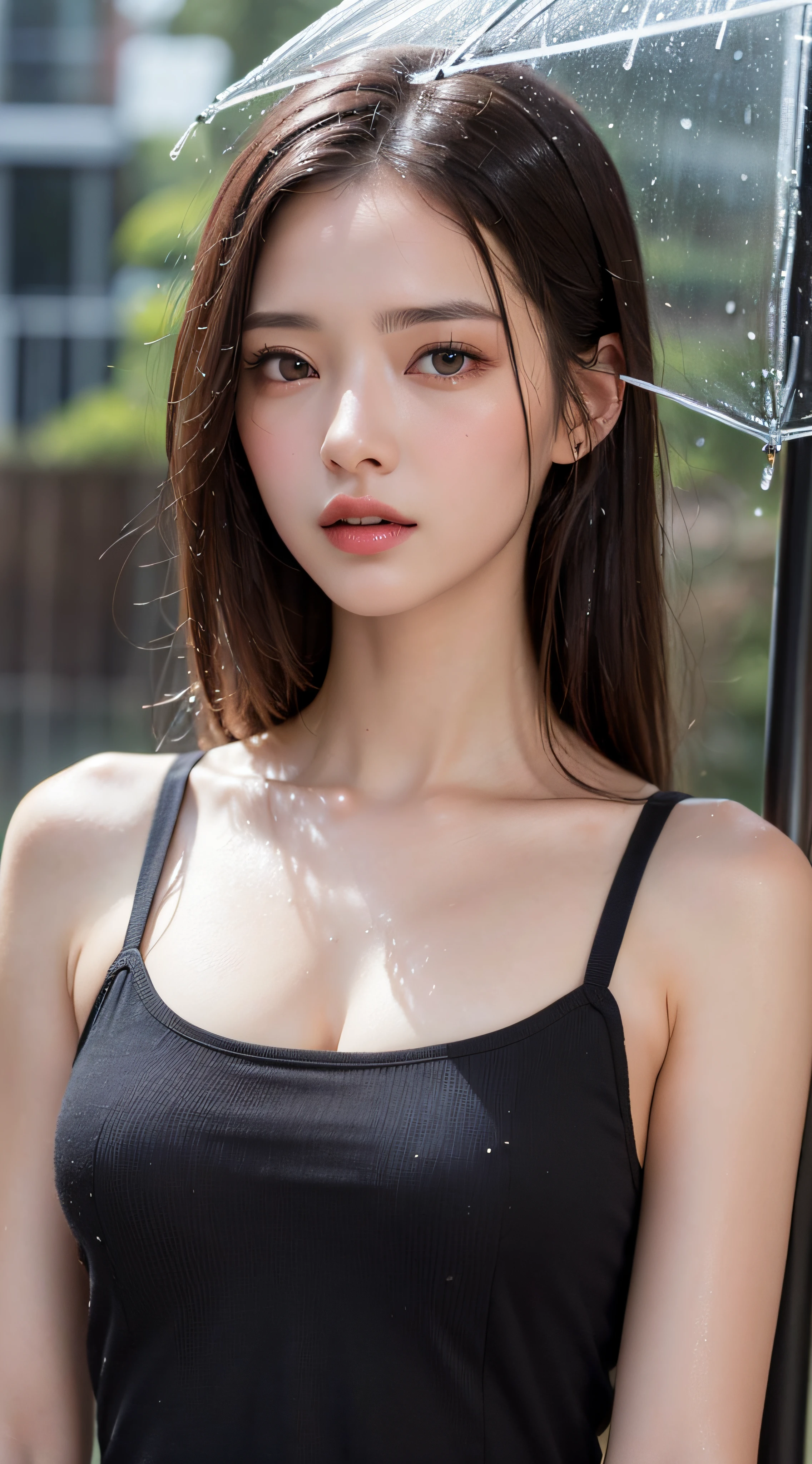 (Best quality, 4k, Masterpiece :1.3), pretty woman, 1girl, sexy :1.1, dark brown hair: 1.1, (rainy wet, wet from rain, wet body :1.2), white tank tops, ultra-detailed face, detailed lips, detailed eyes, double eyelid