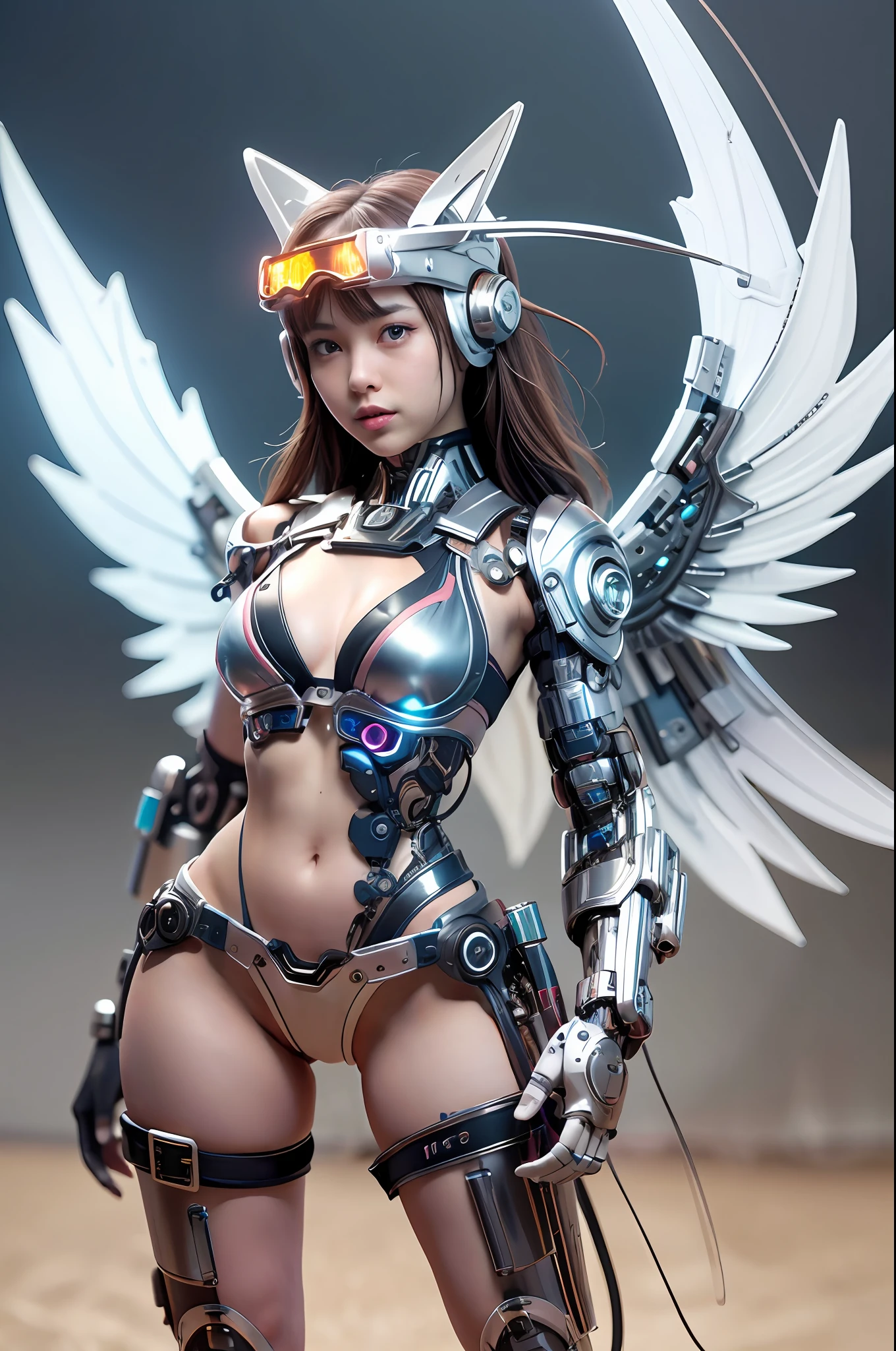 cyborg, girl, cute, sexy, strong, slender, bikini, high leg, silver, spreading mechanical wings on the back, headgear, goggles