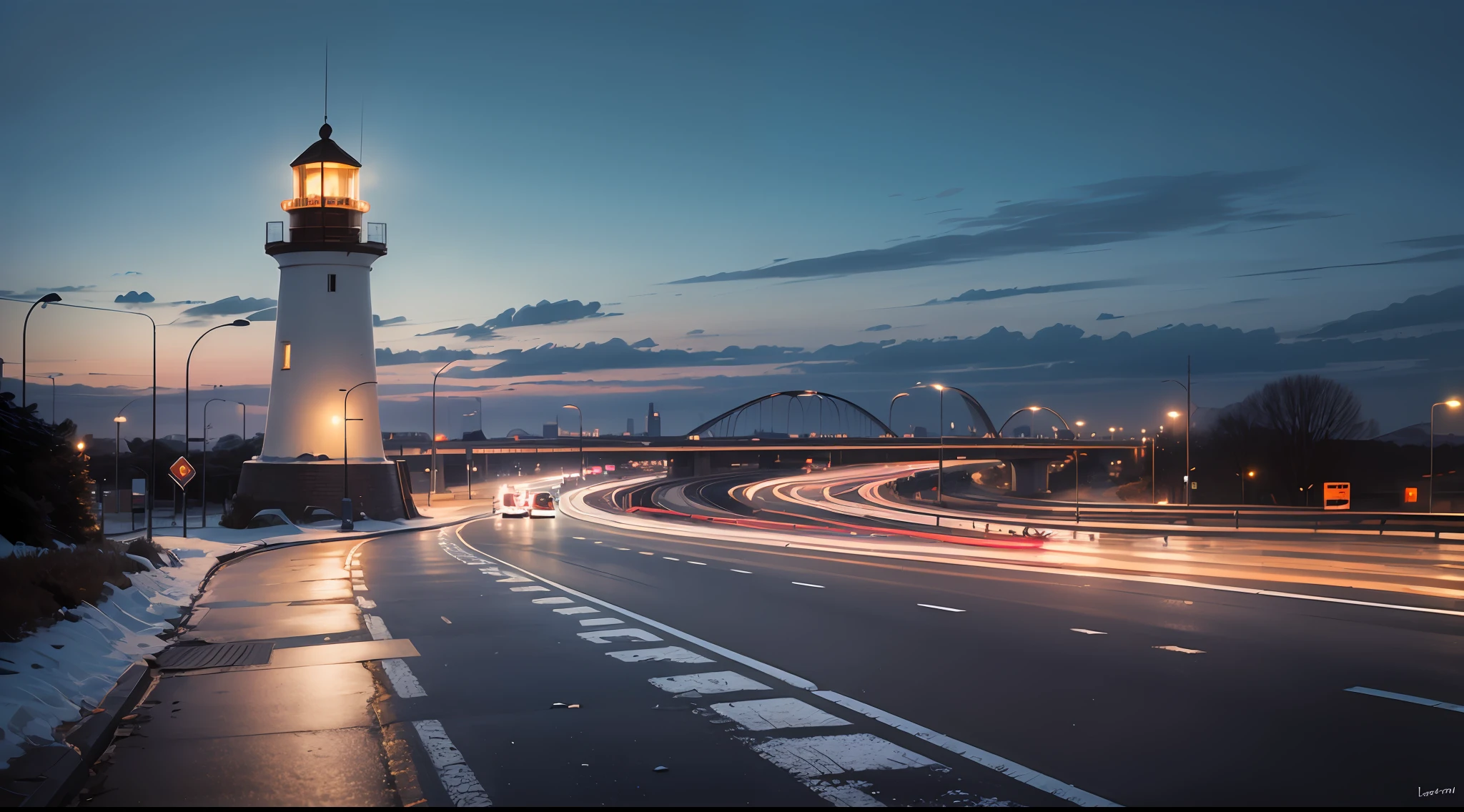A young man drove through the city, the road was congested, and the lights reflected on the surroundings, from the city to the white crystal lighthouse