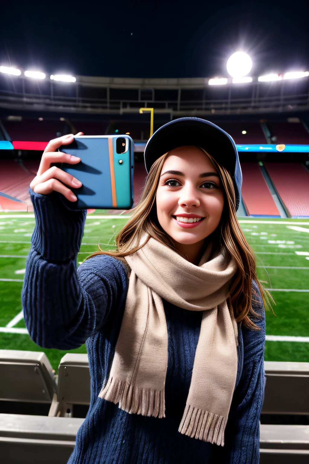 1 woman ((upper body selfie, happy)), masterpiece, best quality, ultra-detailed, solo, outdoor taking selfie from the bleachers of an empty football stadium (empty field background empty seats), with screen in the background high (night), (stars, moon) cheerful, happy, scarf, gloves, sweater, cap, contrast, clear sky, style, (warm hue, warm tone):  1.2), close-up, cinematic light, side lighting, ultra high resolution, best shadow, RAW, upper body, wearing pullover