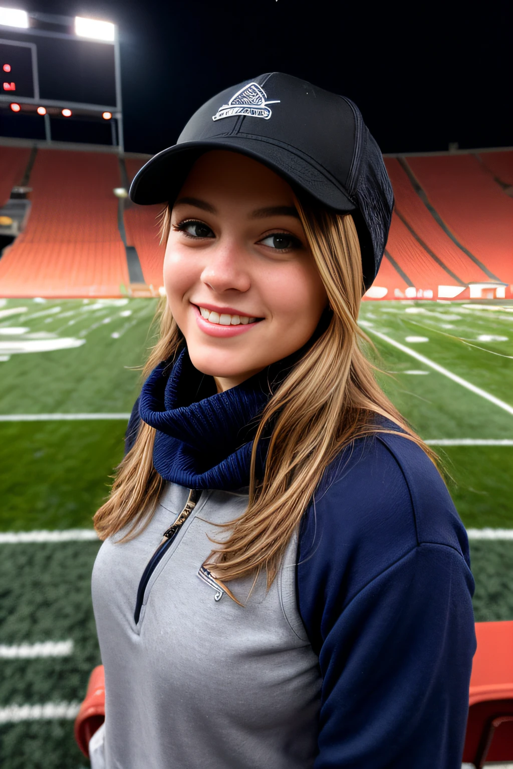 1 woman ((upper body selfie, happy)), masterpiece, best quality, ultra-detailed, solo, outdoor taking selfie from the bleachers of an empty football stadium (empty field background empty seats), with screen in the background high (night), (stars, moon) cheerful, happy, scarf, gloves, sweater, cap, contrast, clear sky, style, (warm hue, warm tone):  1.2), close-up, cinematic light, side lighting, ultra high resolution, best shadow, RAW, upper body, wearing pullover