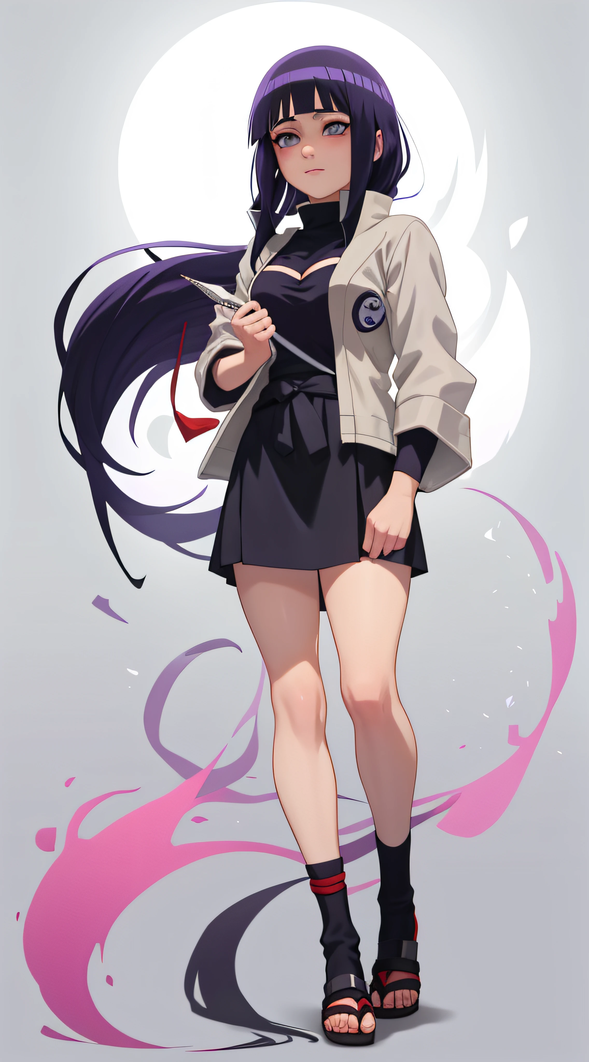 anime girl with purple hair and a gray shirt and black socks, hinata hyuga, hinata hyuga of naruto, inspired by Maki Haku, female anime character, of naruto, kunoichi, nezuko, inspired by Kamisaka Sekka, misato katsuragi, sakura haruno, cel - shaded art style, anime character, hinata hyuga